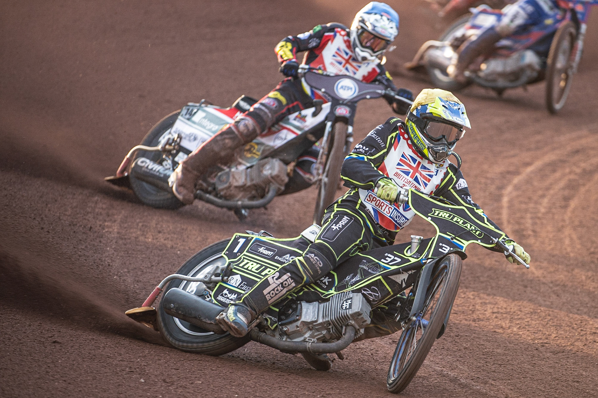 Photo: Ian Charles

Chris Harris (Yellow) leads Steve Worrall (Blue)

Sports Insure British Final,  Belle Vue National Speedway Stadium, Manchester Monday 29  July  2019