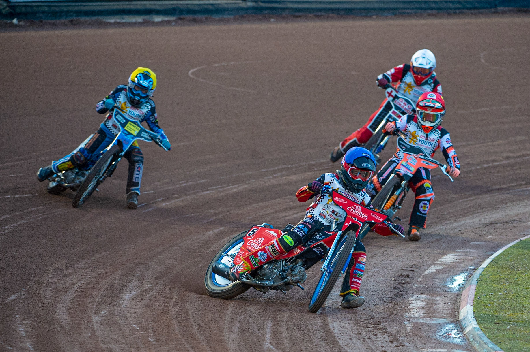 Photo: Ian CharlesMax Perry (Blue) leads Ben Trigger (Red) Jamie Etherington (Yellow) and Jack Shimelt (White) (125cc A Class)British Youth Speedway Championship (Round 5), National Speedway Stadium, Manchester Saturday  10  October  2020