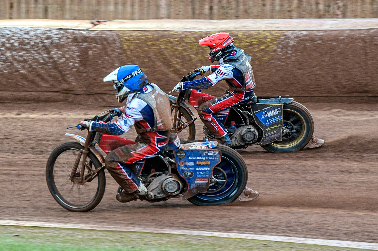 Truls Kamhaug of Norway in Blue rides inside team mate Mathias Pollestad of Norway during the Monster Energy FIM Speedway of Nation Semi Final 2 at the National Speedway Stadium, Manchester on Wednesday 10th July 2024. (Photo: Ian Charles | MI News)