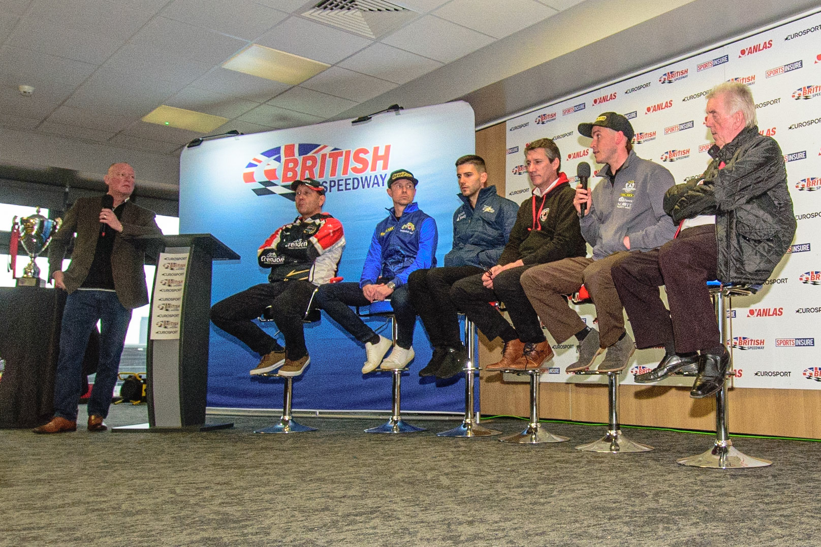 MANCHESTER, UK. APRIL 12TH: The Premiership Team managers at the Discovery Networks Eurosport Speedway Season Launch at the National Speedway Stadium, Manchester on Tuesday 12th April 2022 (Credit: Ian Charles | MI News)