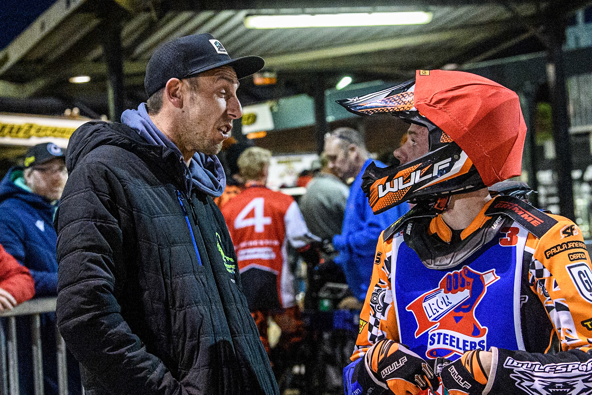 Steelers Joint team manager Simon Lambert (Left) chats with Steelers' Mickie Simpson during the WSRA National Development League match between Steelers and Belle Vue Colts at Owlerton Stadium, Sheffield on Monday 5th May 2025. (Photo: Ian Charles | MI News)