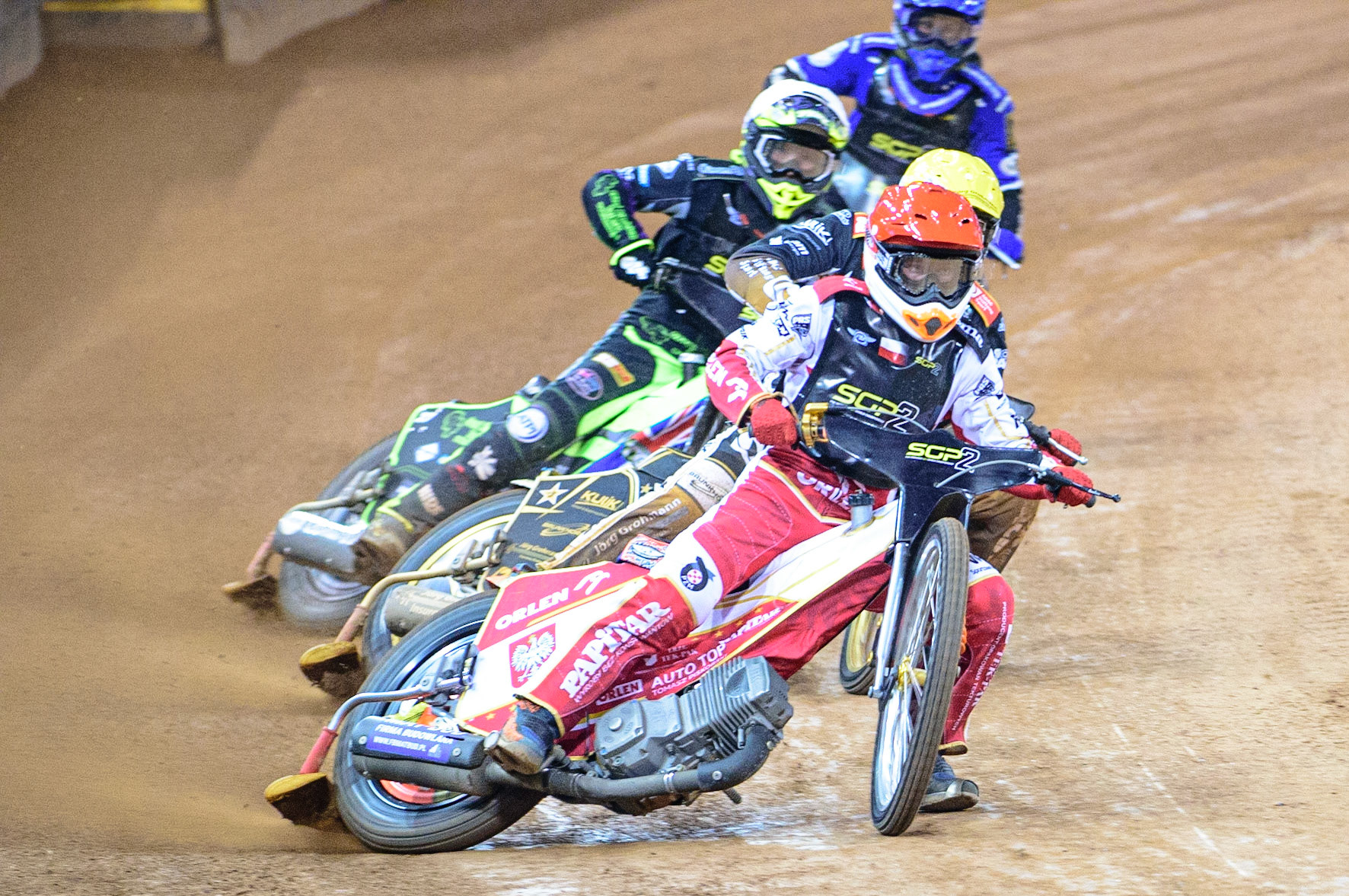 Mateusz Cierniak (Poland)  (Red) leads Norick Blodorn (Germany)  (Yellow), Tom Brennan (Great Britain)  (White) and Jakub Miskowiak (Poland) (Blue) during the FIM  Speedway Grand Prix  2 of Great Britain at the Principality Stadium, Cardiff on Sunday 14th August 2022. (Credit: Ian Charles | MI News)
