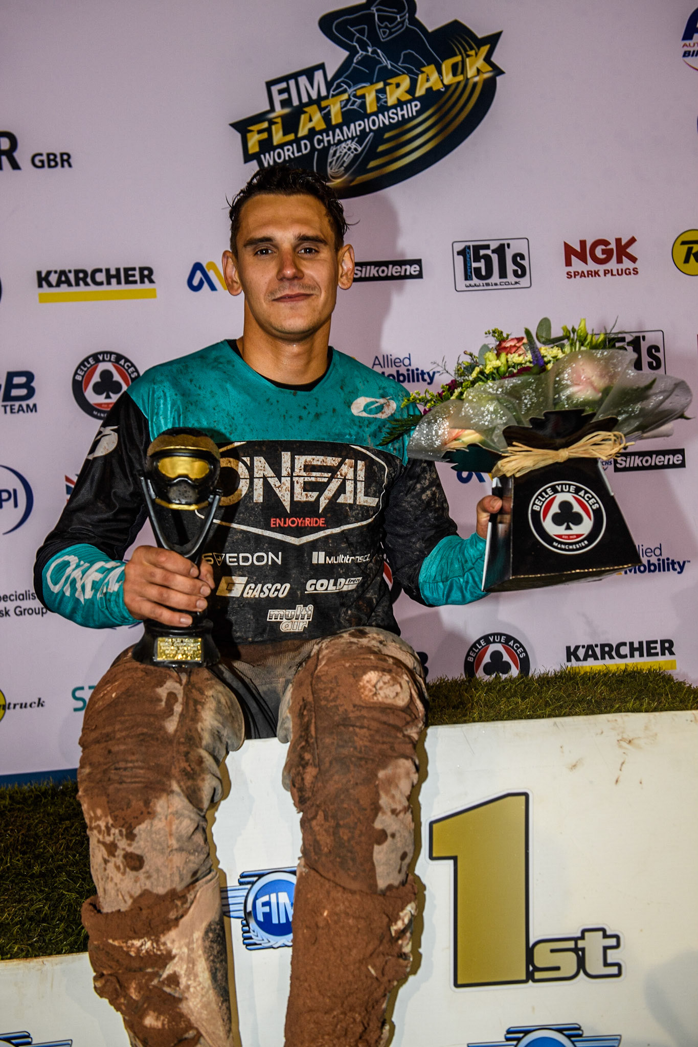 Round 1 winner Ondřej Svědík (22) Czech Rep. during the FIM World Flat Track Championship Round 1 at the National Speedway Stadium, Manchester on Saturday 5th August 2023. (Photo: Ian Charles | MI News)