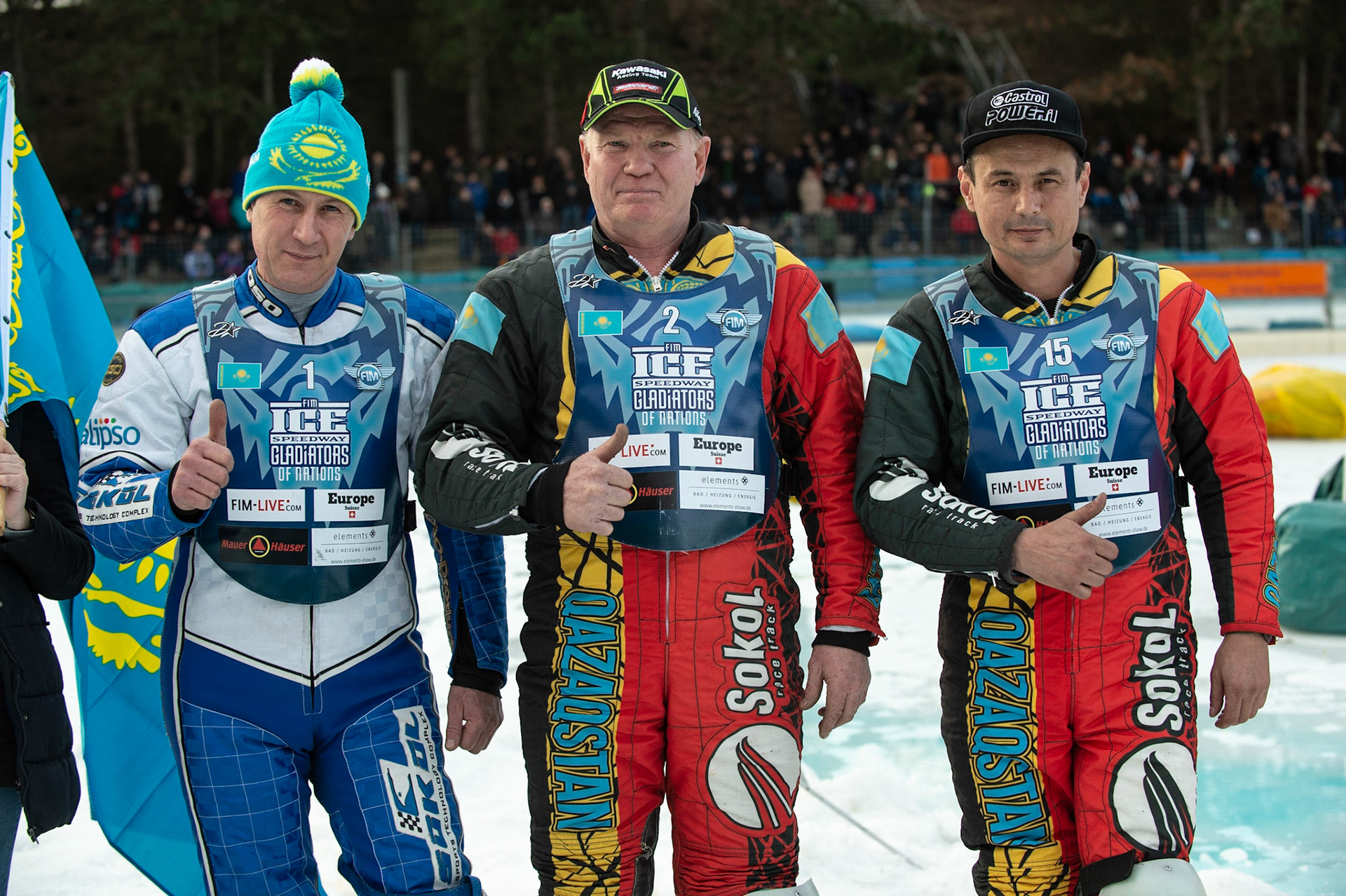 BERLIN GERMANY  - February 29  (l-r) Pavel Nekrasov,  Vladimir Cheblokov, and Denis Slepuchin of Kazakhstan during theIce Speedway of Nations (Day 1) at the Horst-Dohm-Eisstadion, Berlin,  on Saturday 29 February 2020. (Credit: Ian Charles | MI News)