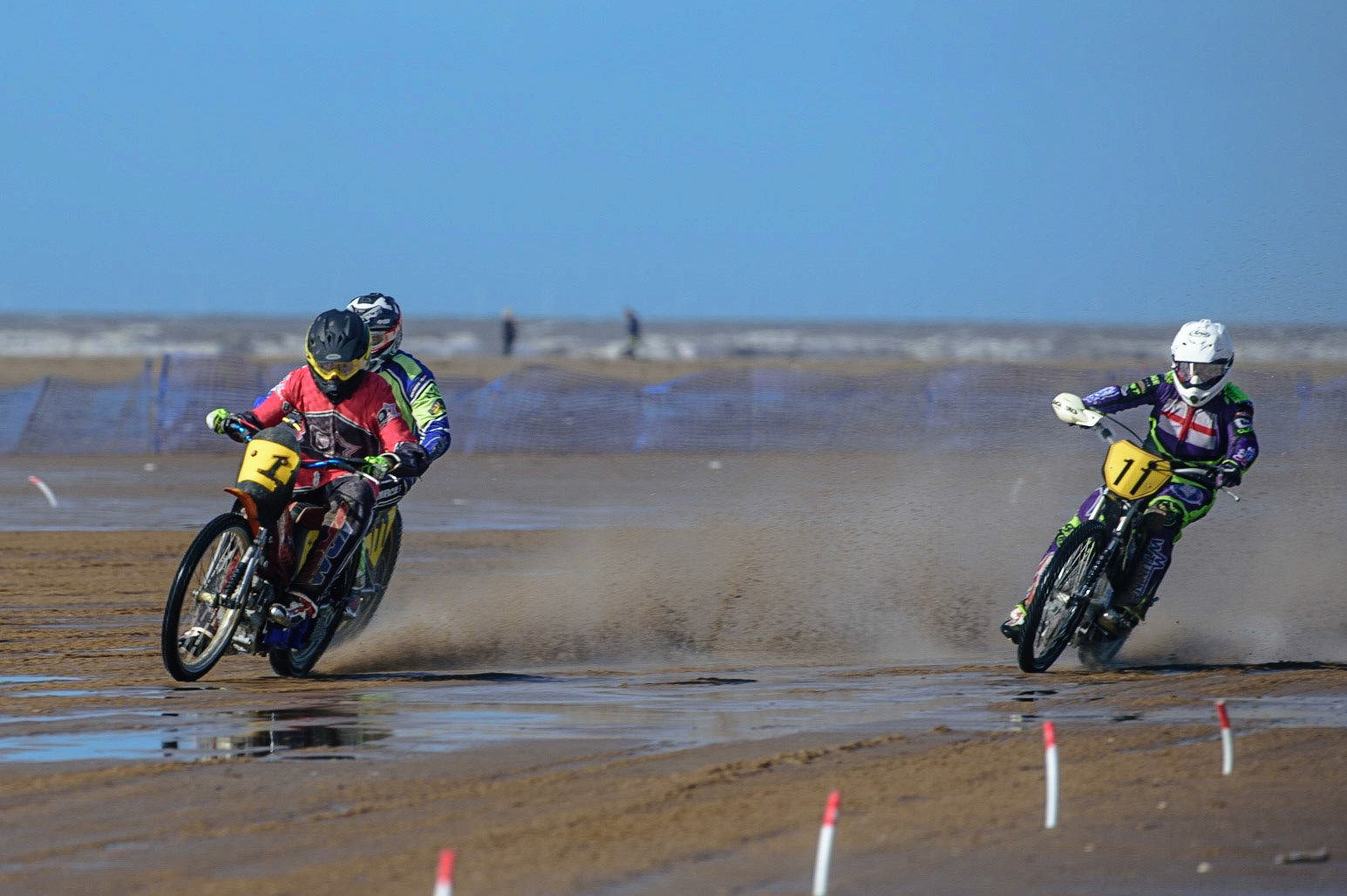 Billy Reve (1) leads Richie Worrall (111) and Paul Cooper (11) during the Fylde ACU British Sand Racing Masters Championship on  Sunday 2nd October 2022. (Credit: Ian Charles | MI News)