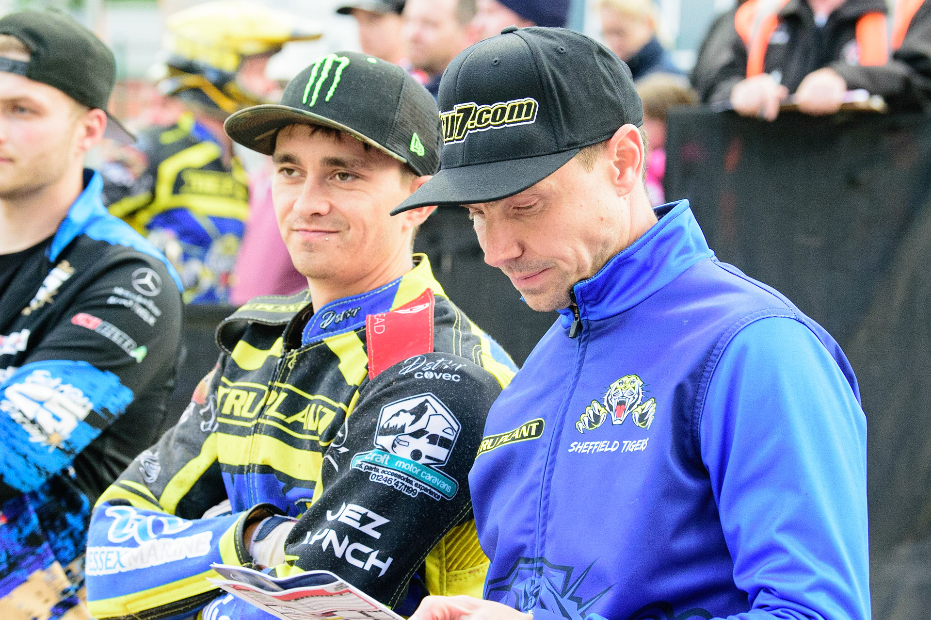 MANCHESTER, UK. JUL 5TH   Jack Holder (left) with Sheffield TruPlant Tigers manager Simon Stead  during the SGB Premiership match between Belle Vue Aces and Sheffield Tigers at the National Speedway Stadium, Manchester on Tuesday 5th July 2022. (Credit: Ian Charles | MI News)