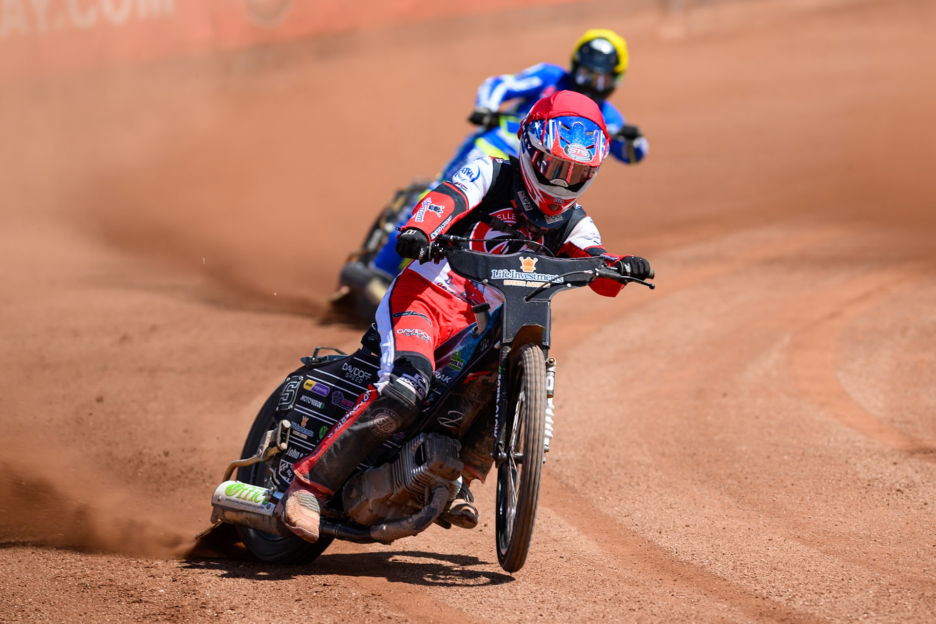 Belle Vue Colts' Freddy Hodder  in Red leading Oxford Chargers' Ashton Vale  in Yellow during the WSRA National Development League match between Belle Vue Colts and Oxford Chargers at the National Speedway Stadium, Manchester on Sunday 1st June 2025. (Photo: Ian Charles | MI News)