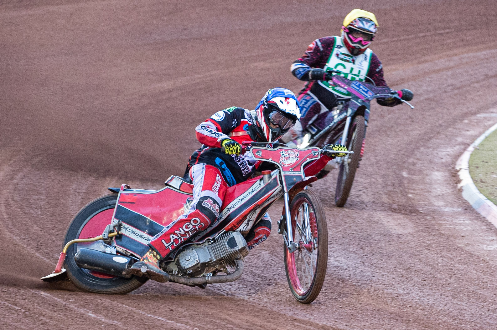 Photo: Ian Charles

Connor Bailey  (Blue) leads Sam Woolley  (Yellow)

Belle Vue Colts v Cradley Heathens, SGB National League, Belle Vue National Speedway Stadium, Manchester, Thursday 29  August  2019