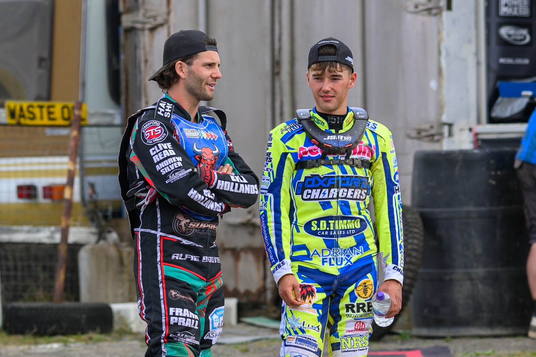 Alfie Bowtell of Buxton Bulls (Left) chats with Jody Scott of Oxford Chargers during the WSRA National Development League match between Buxton Bulls and Oxford Chargers at Hi-Edge Speedway, Buxton on Sunday 2nd August 2026. (Photo: Ian Charles | MI News)