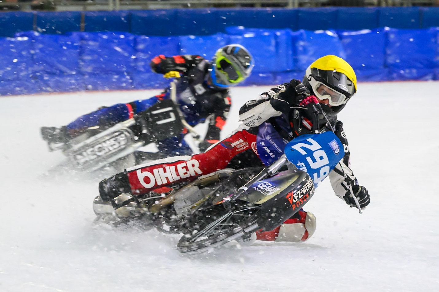 Martin Posch (299) of Austria  in Yellow leading Melwyn Bjorklin (17) of Sweden  in White during the FIM Ice Speedway Gladiators World Championship Final 3 at Ice Rink Thialf, Heerenveen on Saturday 11th April 2026. (Photo: Ian Charles | MI News)