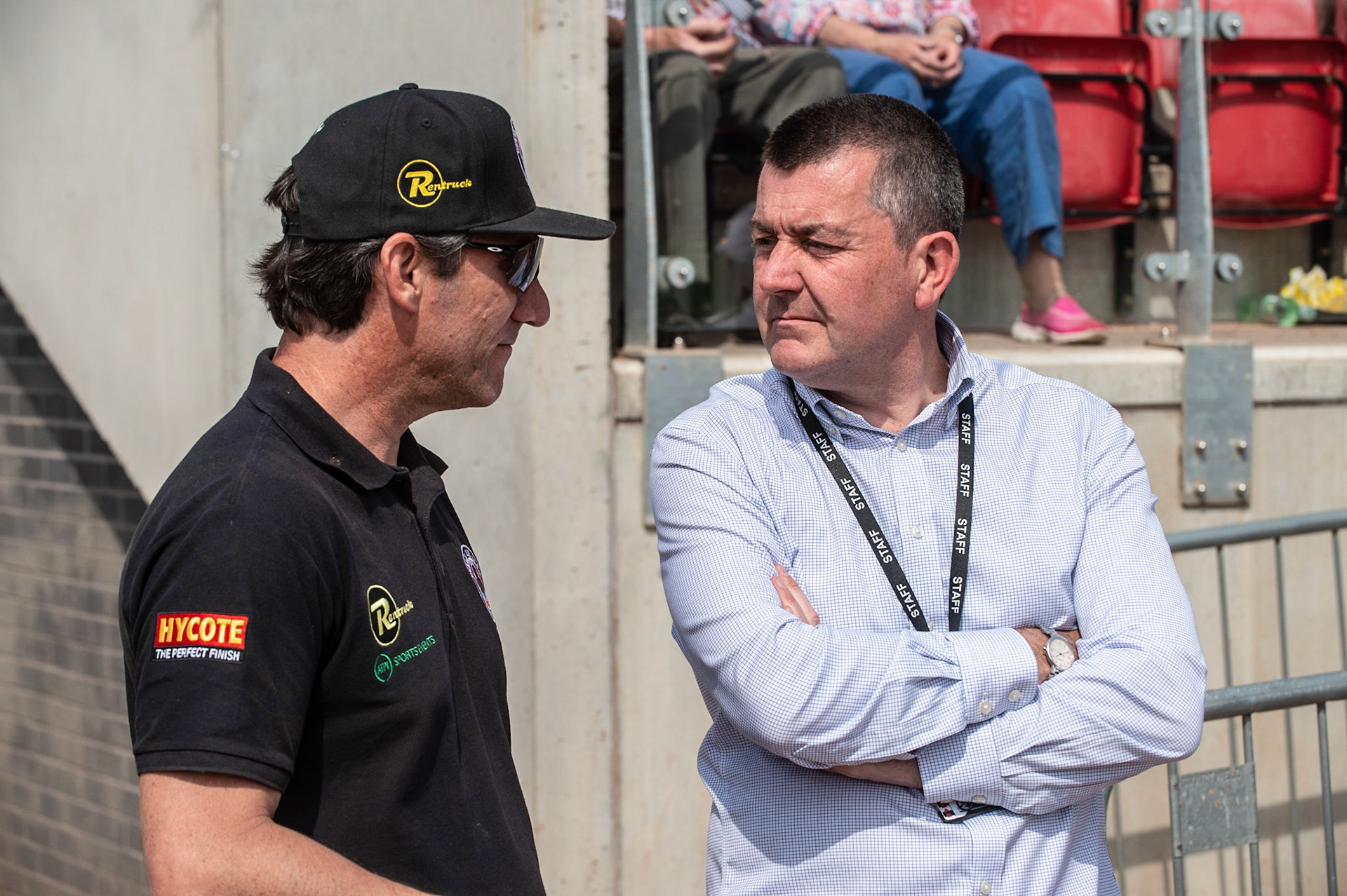 Photo by Ian Charles:

Mark Lemon (left) chats with Belle Vue CEO Adrian Smith

Belle Vue Aces v Wolverhampton Wolves, National Speedway Stadium, Manchester, Monday, 22, April, 2019