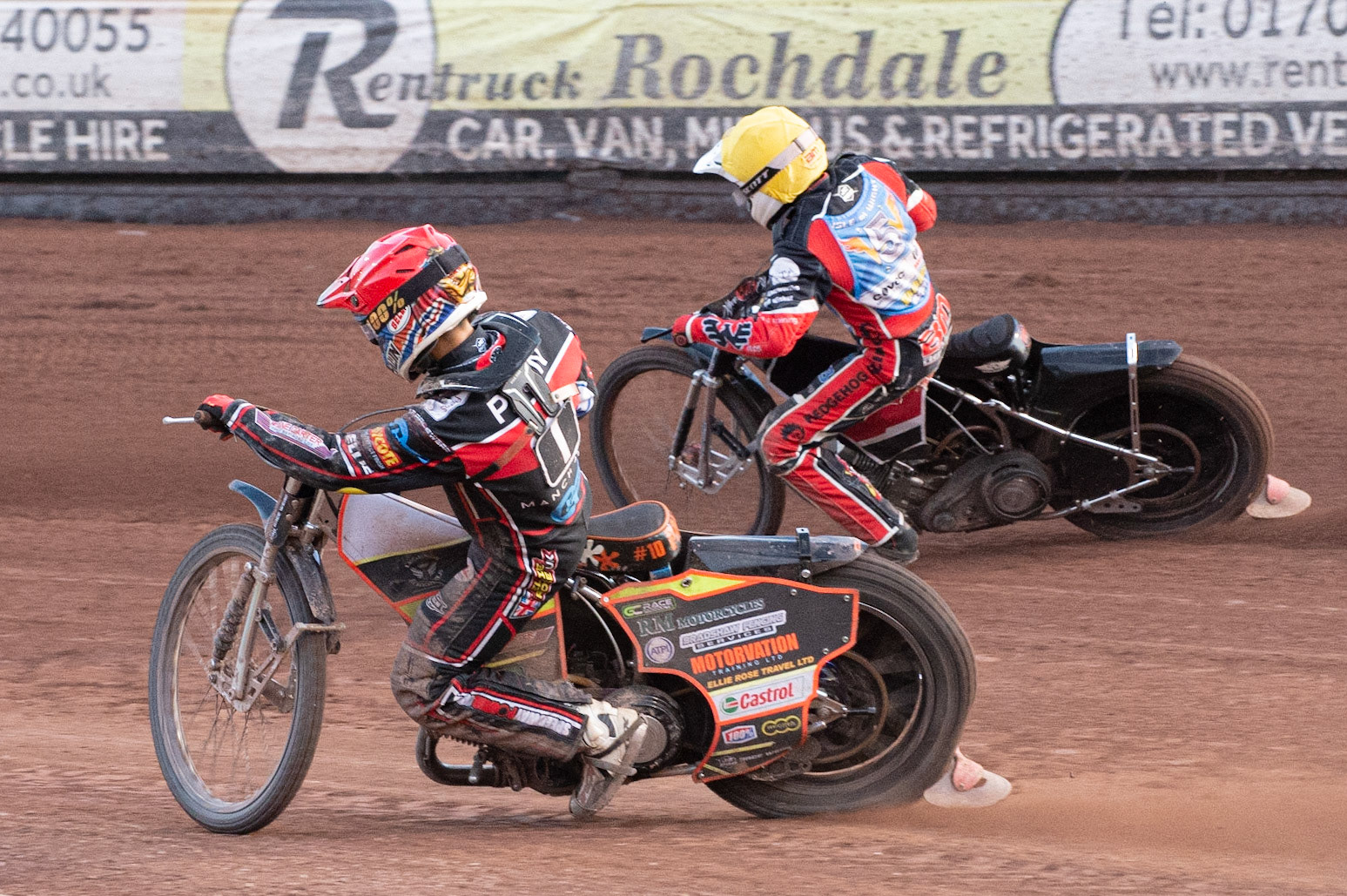 Photo: Ian Charles

Jordan Palin  (Red) on the inside of Ben Morley  (Yellow)

Belle Vue Colts v Isle Of Wight Warriors, SGB National League KO Cup Quarter Final 1st Leg, Belle Vue National Speedway Stadium, Manchester, Monday 22  July  2019