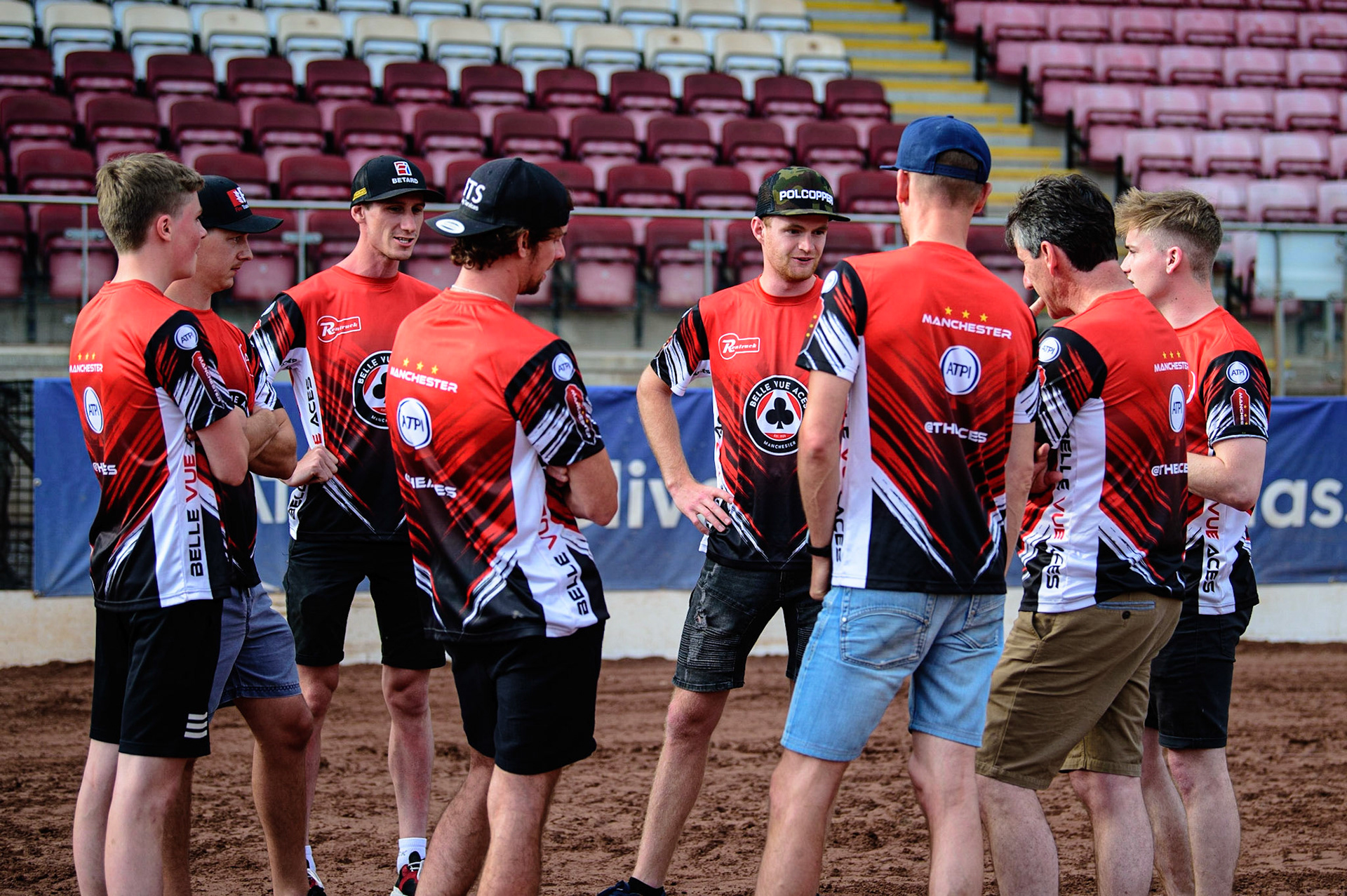 MANCHESTER UK Belle Vue ATPI Aces  riders have their on track meeting  during the SGB Premiership match between Belle Vue Aces and King's Lynn Stars at the National Speedway Stadium, Manchester on Monday 11th July 2022. (Credit: Ian Charles | MI News)
