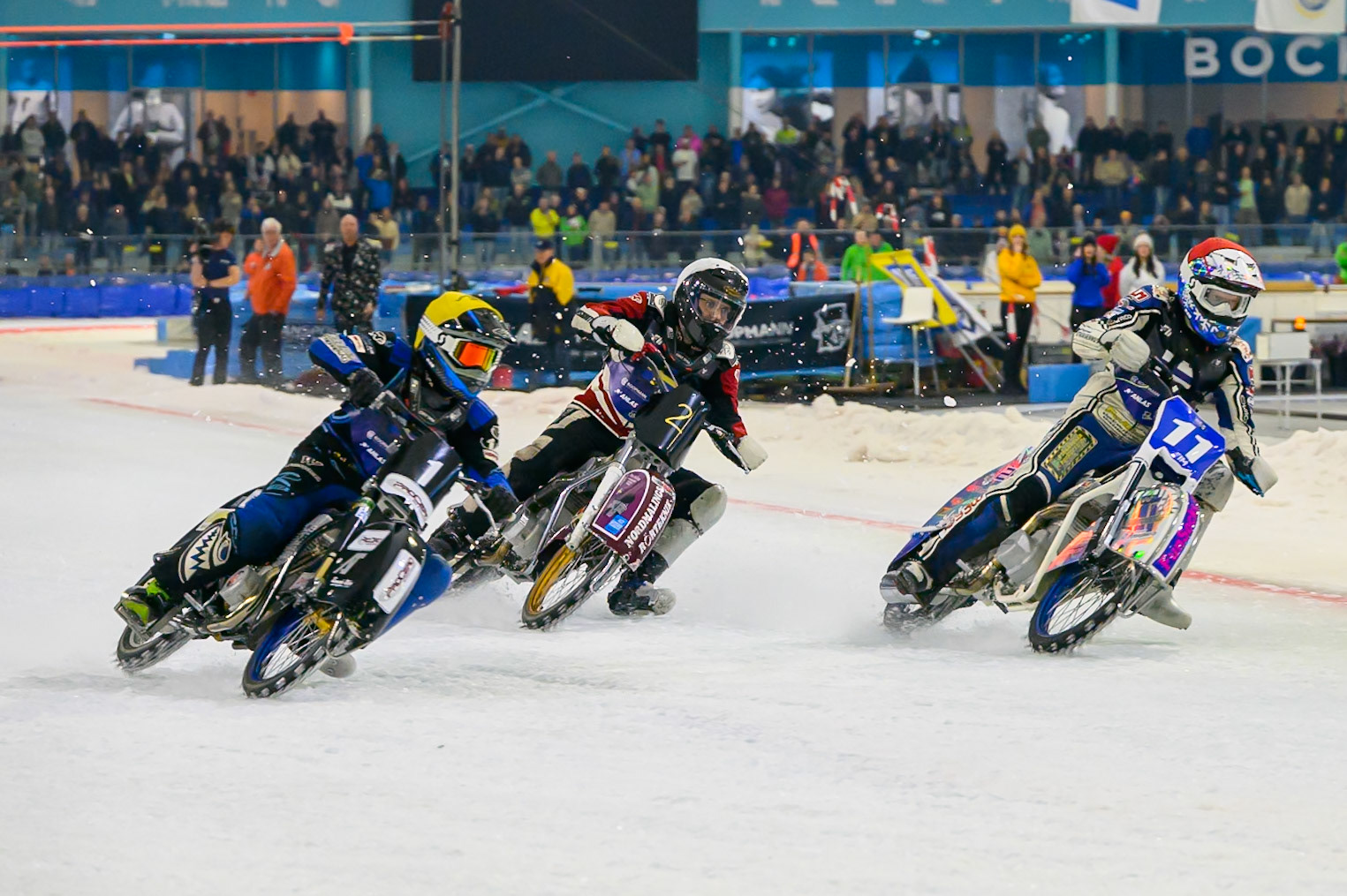 Grand Final: Finland v Sweden Max Koivula (11) of Finland  in Red leading Niclas Svensson (1) of Sweden  in Yellow and Ove Ledstrom (2) of Sweden  in White during the FIM Ice Speedway Of Nations at Ice Rink Thialf, Heerenveen on Sunday 12th April 2026. (Photo: Ian Charles | MI News)