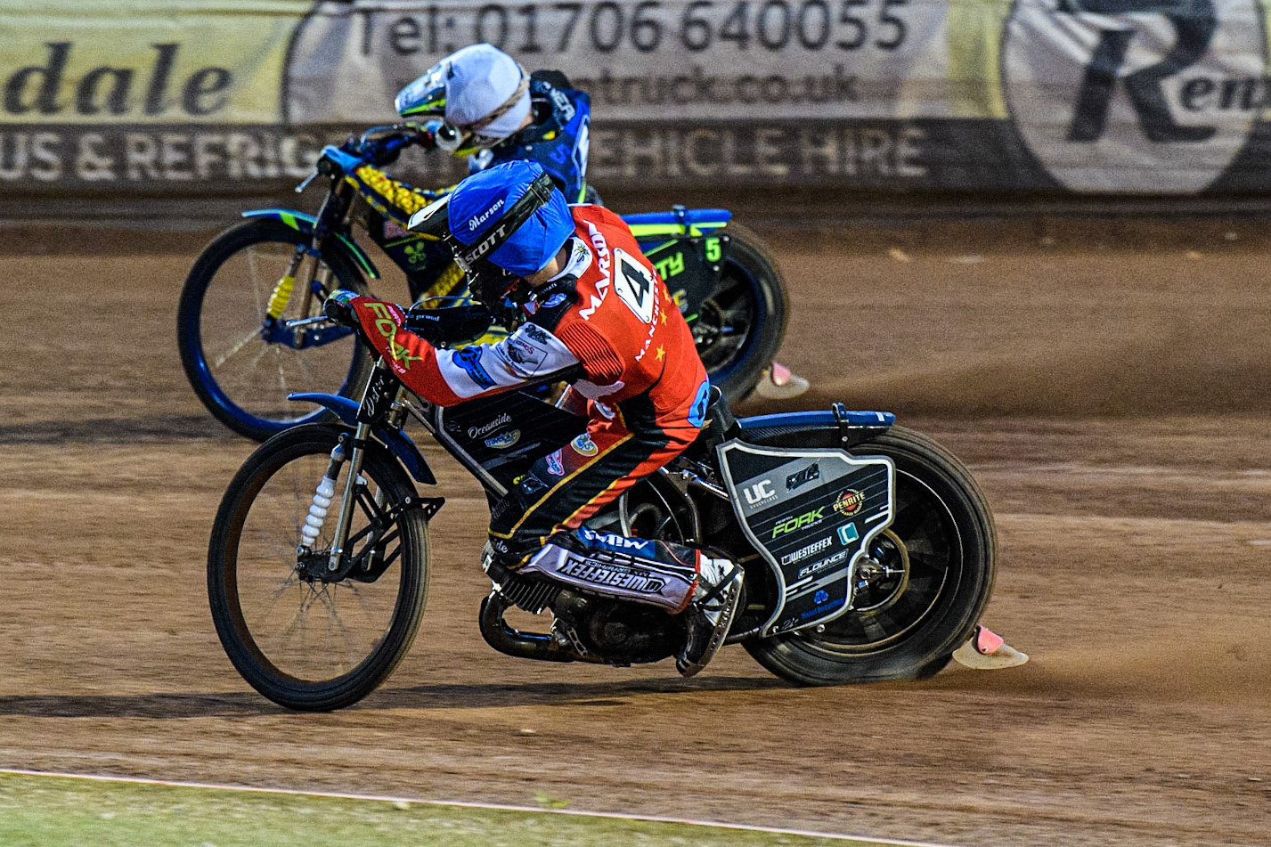 Matt Marson  (Blue) chases Ryan Kinsley  (White) during the National Development League match between Belle Vue Colts and Oxford Chargers at the National Speedway Stadium, Manchester on Friday 12th May 2023. (Photo: Ian Charles | MI News)