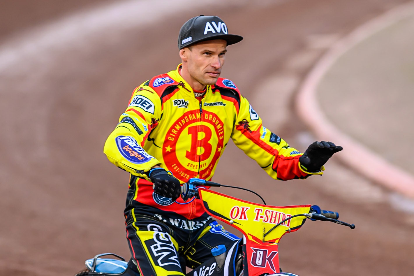 Matej Zagar of Birmingham Brummies  on the parade lap during the Rowe Motor Oil Premiership match between Belle Vue Aces and Birmingham Brummies at the National Speedway Stadium, Manchester on Monday 18th August 2025. (Photo: Ian Charles | MI News)