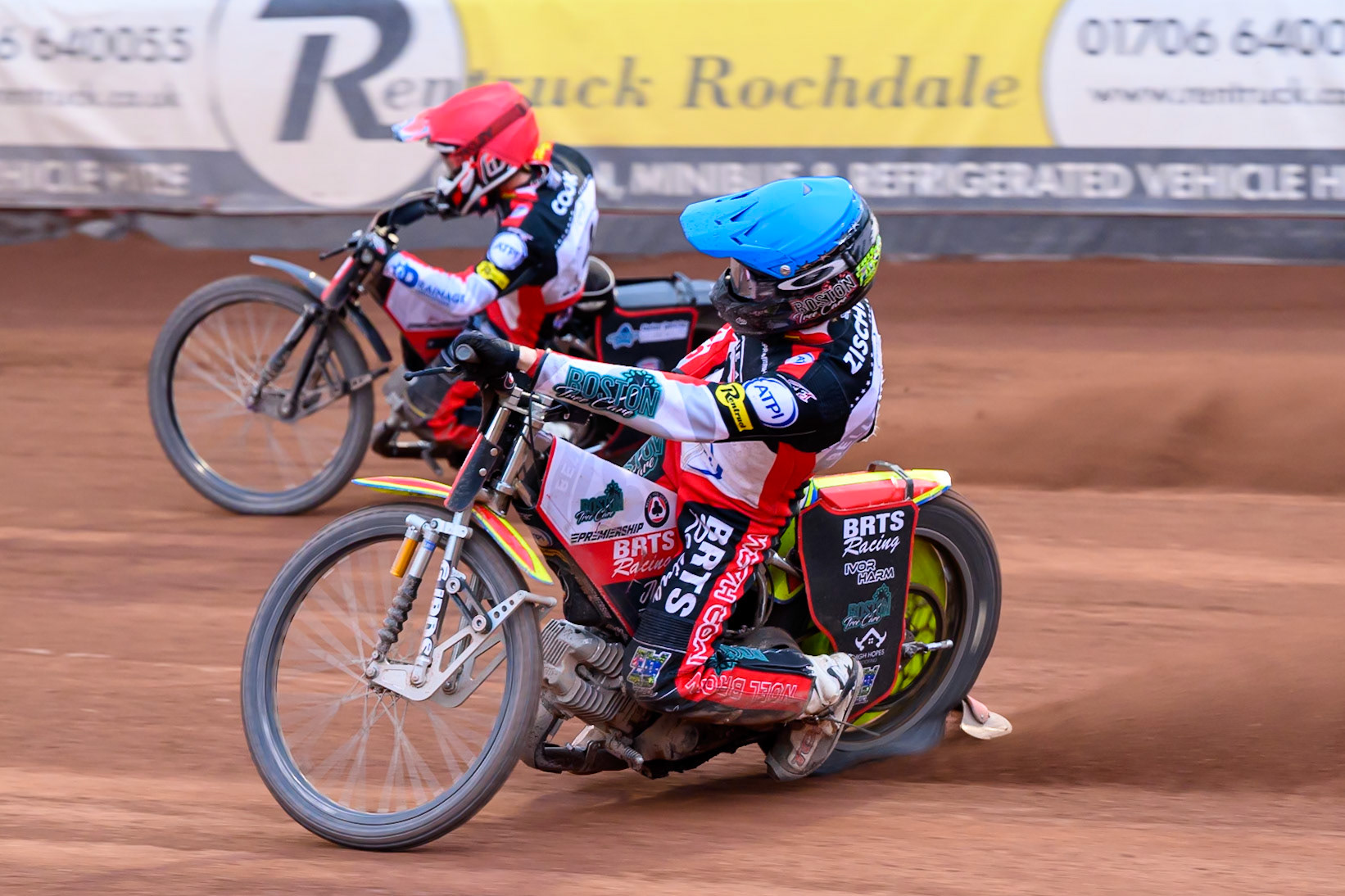 Tate Zischke of Belle Vue Aces in Blue rides inside Zach Cook of Belle Vue Aces in Red during the Rowe Motor Oil Premiership match between Belle Vue Aces and Leicester Lions at the National Speedway Stadium, Manchester on Monday 15th June 2026. (Photo: Ian Charles | MI News)
