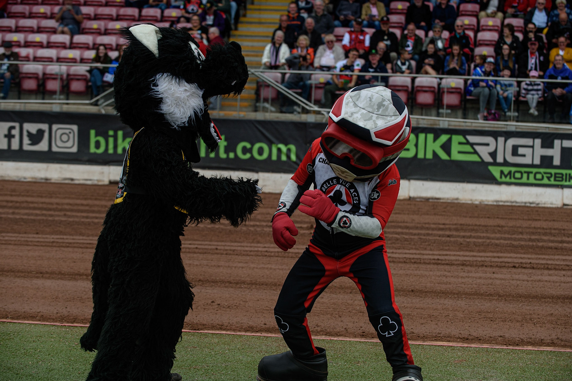 MANCHESTER, UK. AUGUST 30TH The Mascots pretend to fight before the meeting to amuse the fans during the SGB Premiership match between Belle Vue Aces and Wolverhampton Wolves at the National Speedway Stadium, Manchester on Monday 30th August 2021. (Credit: Ian Charles | MI News)