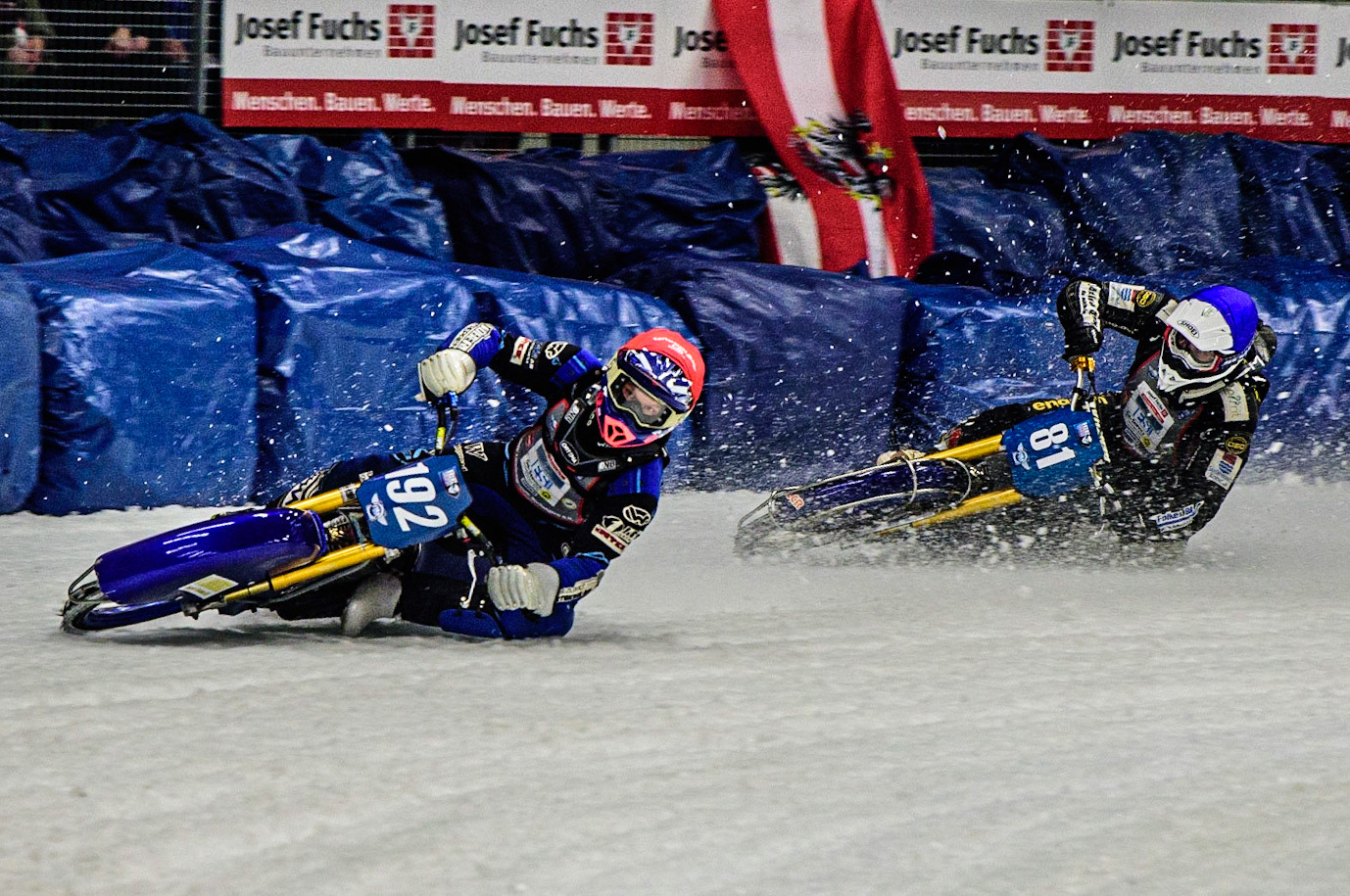Niclas Svensson (192) (Red) leads Jimmy Olsen (81) (White) during the Ice Speedway Gladiators World Championship Final 1 at Max-Aicher-Arena, Inzell, Germany on Saturday 18th March 2023. (Photo: Ian Charles | MI News)