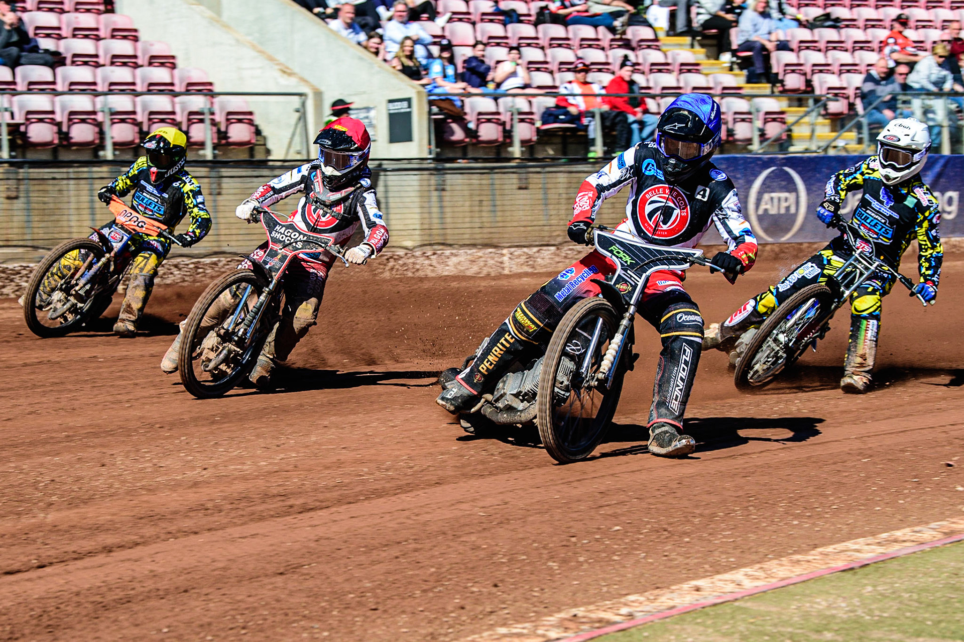Matt Marson  (Blue) leads Sam Hagon  (Red) Josh Embleton   (Yellow) with Greg Blair  (White) behind during the National Development League match between Belle Vue Colts and Berwick Bullets at the National Speedway Stadium, Manchester on Friday 7th April 2023. (Photo: Ian Charles | MI News)