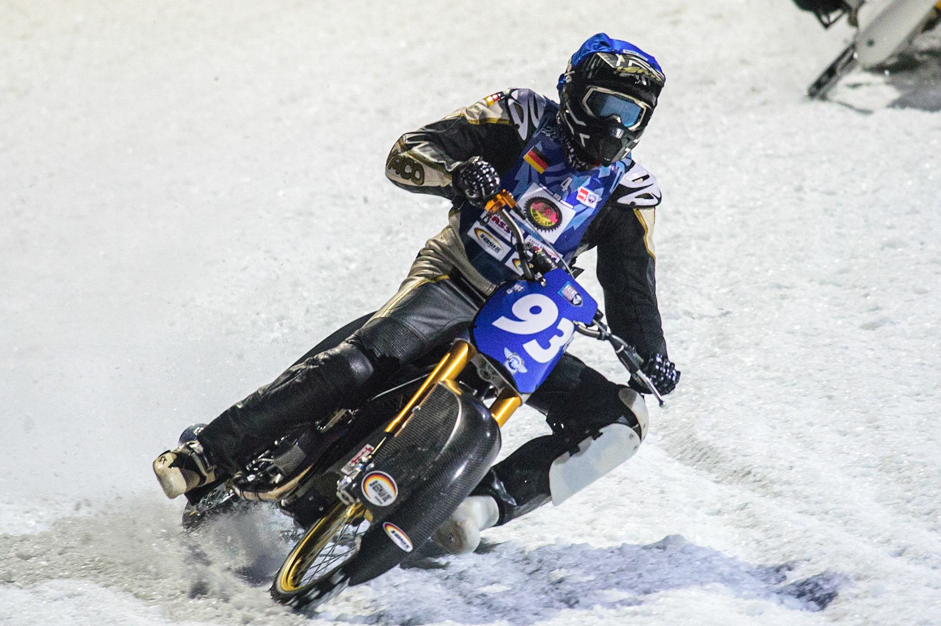 Franz Mayerbüchler in action during the German Individual Ice Speedway Championship at Horst-Dohm-Eisstadion, Berlin on Friday 3rd March 2023. (Photo: Ian Charles | MI News)