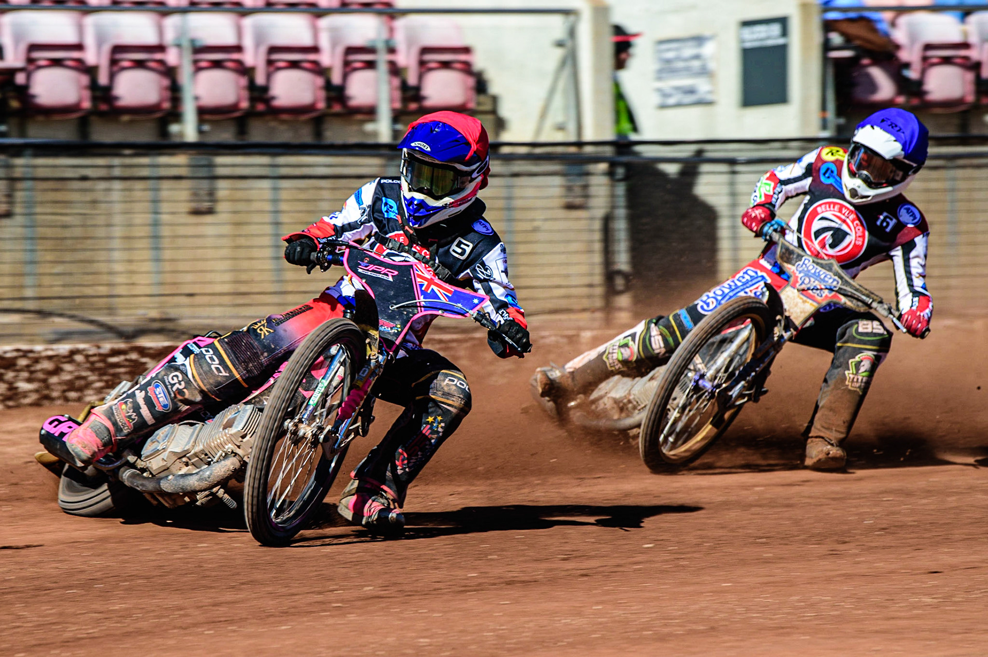 James Pearson   (Red) leads team mate Paul Bowen   (Blue) during the National Development League match between Belle Vue Colts and Berwick Bullets at the National Speedway Stadium, Manchester on Friday 7th April 2023. (Photo: Ian Charles | MI News)
