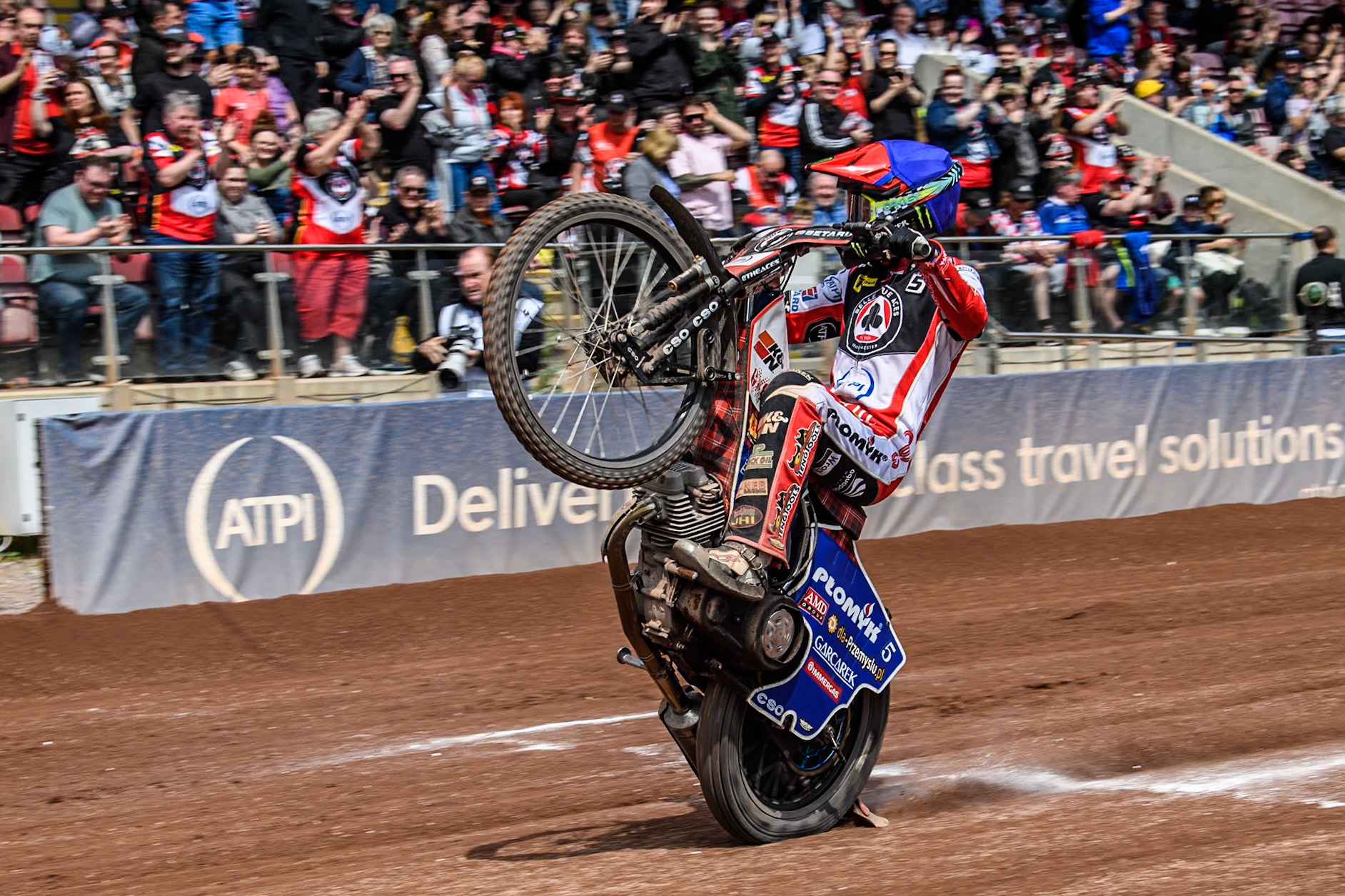 Belle Vue Aces' Dan Bewley  does a wheelie during the Rowe Motor Oil Premiership match between Belle Vue Aces and Birmingham Brummies at the National Speedway Stadium, Manchester on Monday 6th May 2024. (Photo: Ian Charles | MI News)
