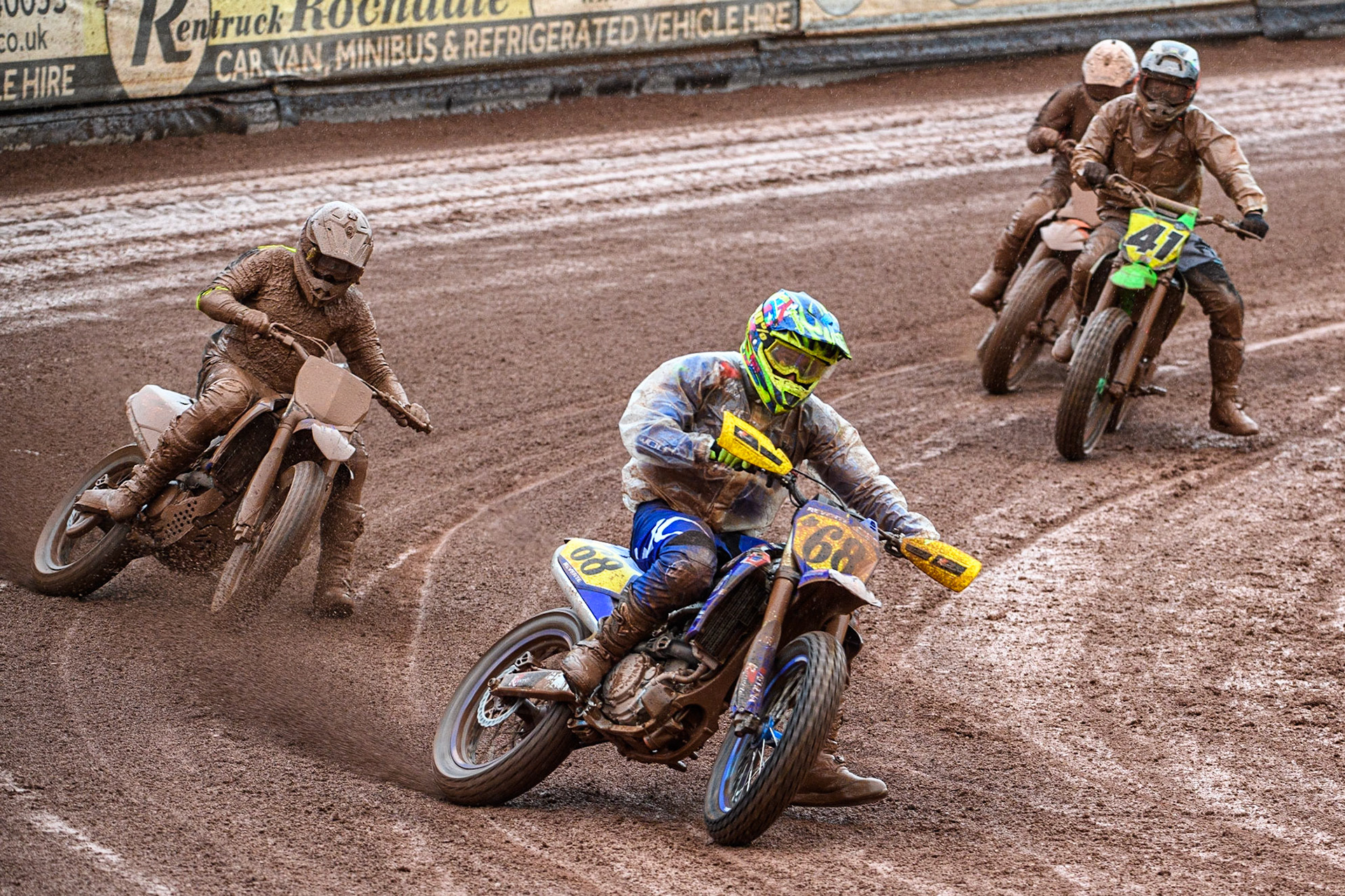 Eric Reverté (68) from Spain leads the opening heat during the FIM World Flat Track Championship Round 1 at the National Speedway Stadium, Manchester on Saturday 5th August 2023. (Photo: Ian Charles | MI News)
