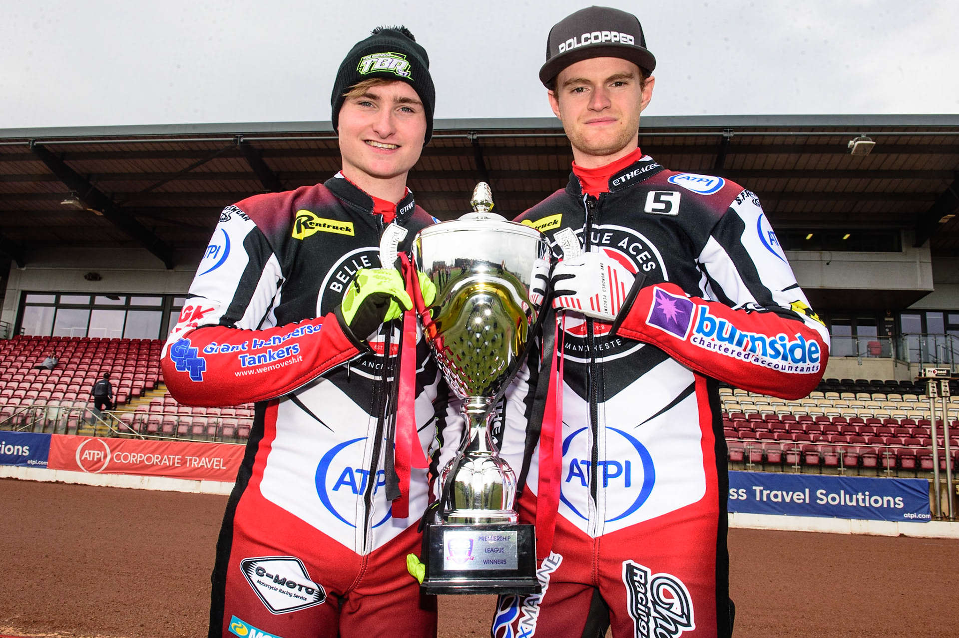 MANCHESTER, UK. APRIL 12TH: Tom Brennan and Brady Kurtz with the Premiership Trophy at the Discovery Networks Eurosport Speedway Season Launch at the National Speedway Stadium, Manchester on Tuesday 12th April 2022 (Credit: Ian Charles | MI News)