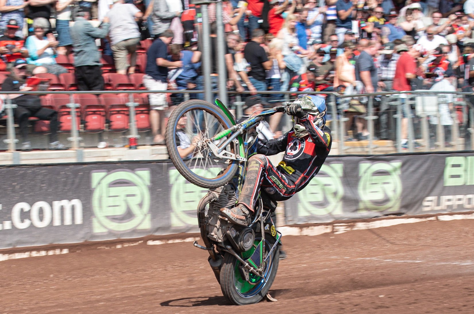 Photo: Ian Charles

Dan Bewley pulls a wheelie 

Belle Vue Aces v Kings Lynn Stars, British Speedway Premiership, Belle Vue National Speedway Stadium, Manchester, Monday 26  August  2019
