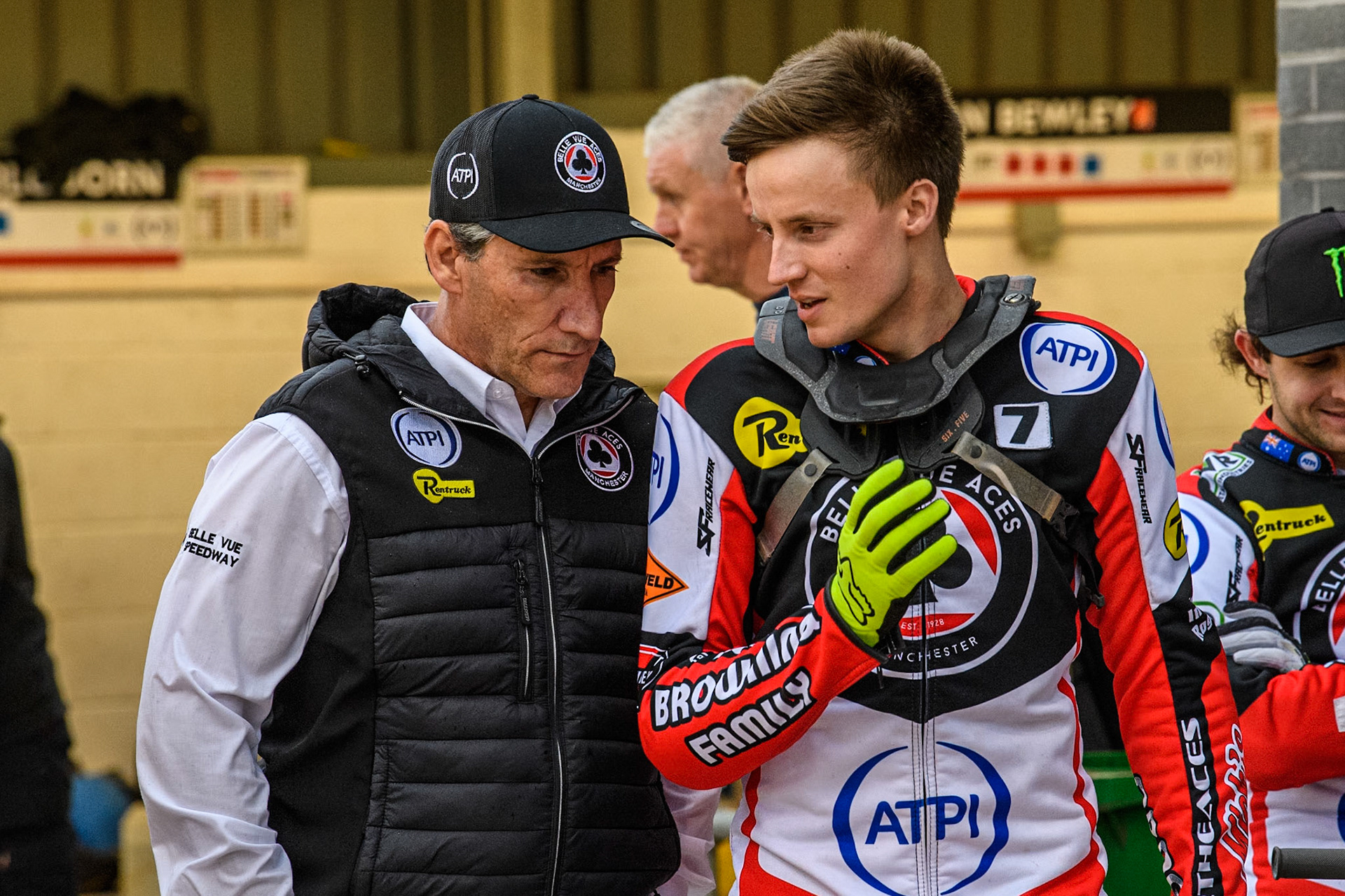Belle Vue Aces' Team Manager Mark Lemon (Left) with Belle Vue Aces' Rising Star Connor Bailey during the Rowe Motor Oil Premiership match between Belle Vue Aces and Oxford Spires at the National Speedway Stadium, Manchester on Monday 13th May 2024. (Photo: Ian Charles | MI News)