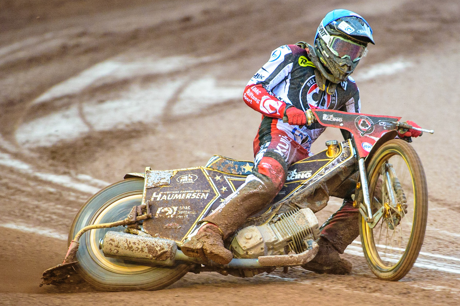 MANCHESTER, UK. MAY 16TH Norick Blödorn  in action  for Belle Vue ATPI Aces  during the SGB Premiership match between Belle Vue Aces and King's Lynn Stars at the National Speedway Stadium, Manchester on Monday 16th May 2022. (Credit: Ian Charles | MI News)