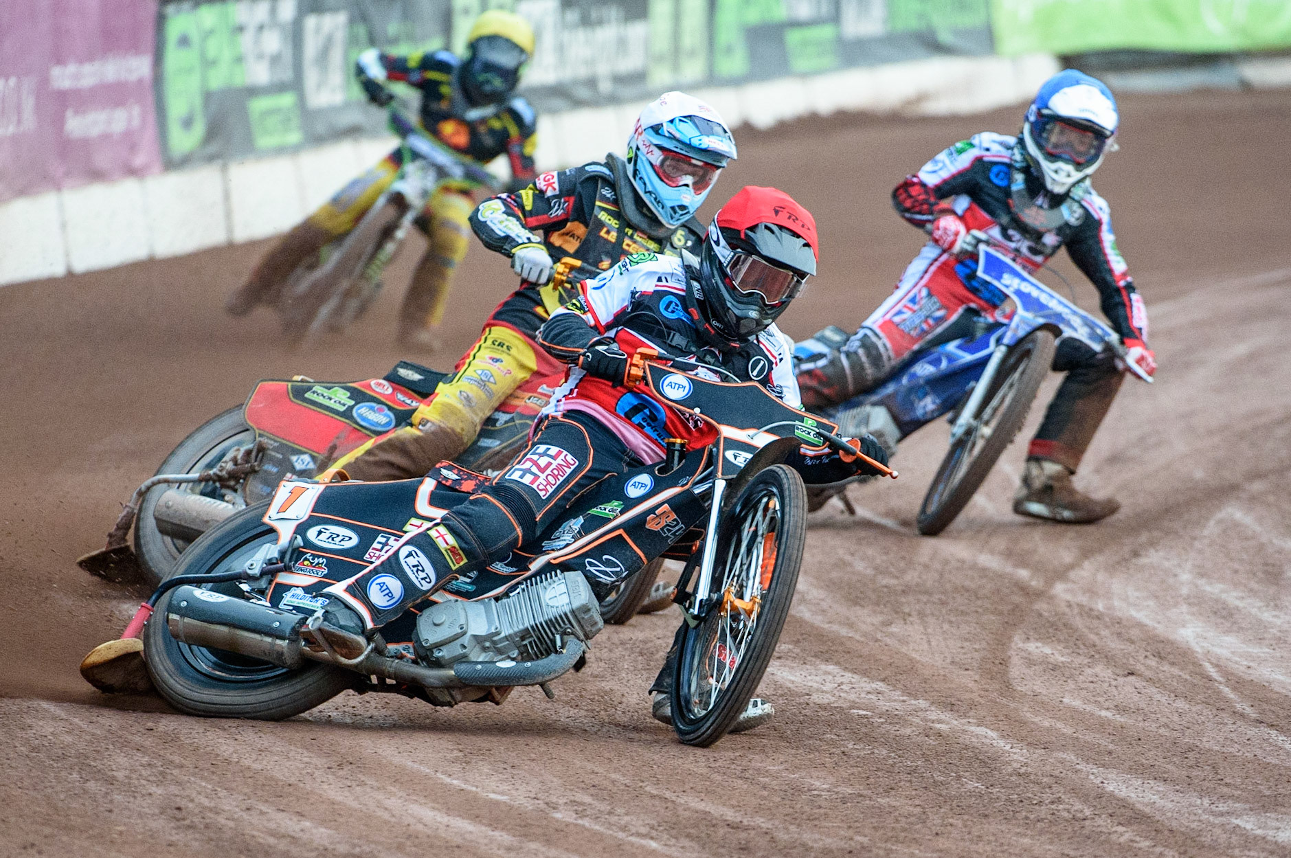 MANCHESTER, UK. JULY 29TH  Jack Smith  (Red) leads Joe Thompson  (White), Harry McGurk   (Blue) and Kai Ward  (Yellow) during the National Development League match between Belle Vue Colts and Leicester Lion Cubs at the National Speedway Stadium, Manchester on Thursday 29th July 2021. (Credit: Ian Charles | MI News)