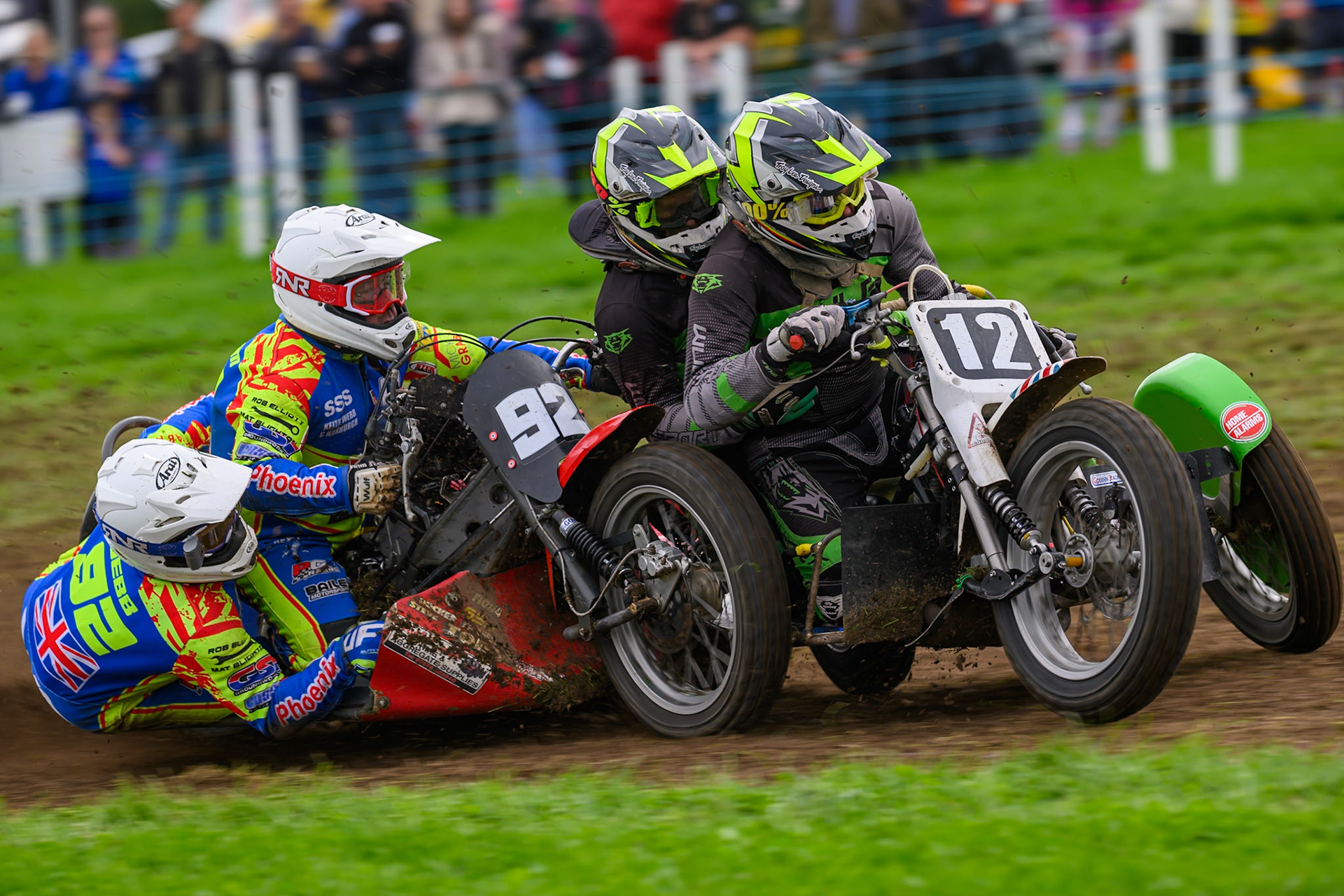 British Masters 1000cc Sidecars: Paul Whitelam/Richard Webb (92) rides inside Neal Owen/Jason Farwell (12) during the British Masters Grasstrack Championship at Lower Marsh Farm, Much Hoole, Preston in Lancashire, England on Sunday 13th September 2026. (Photo: Ian Charles | MI News)