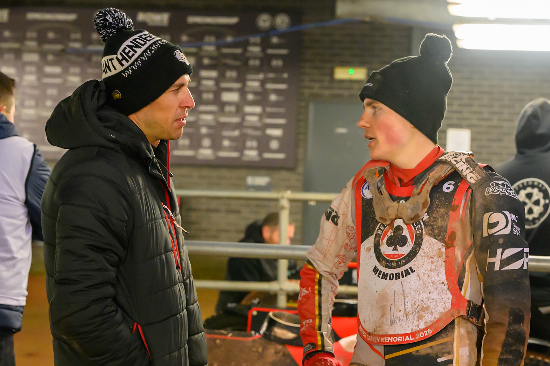 Sam Masters  (Left) chats with Norick Blodorn during the Peter Craven Memorial Trophy at the National Speedway Stadium, Manchester, on Monday 16th March 2026. (Photo: Ian Charles | MI News)