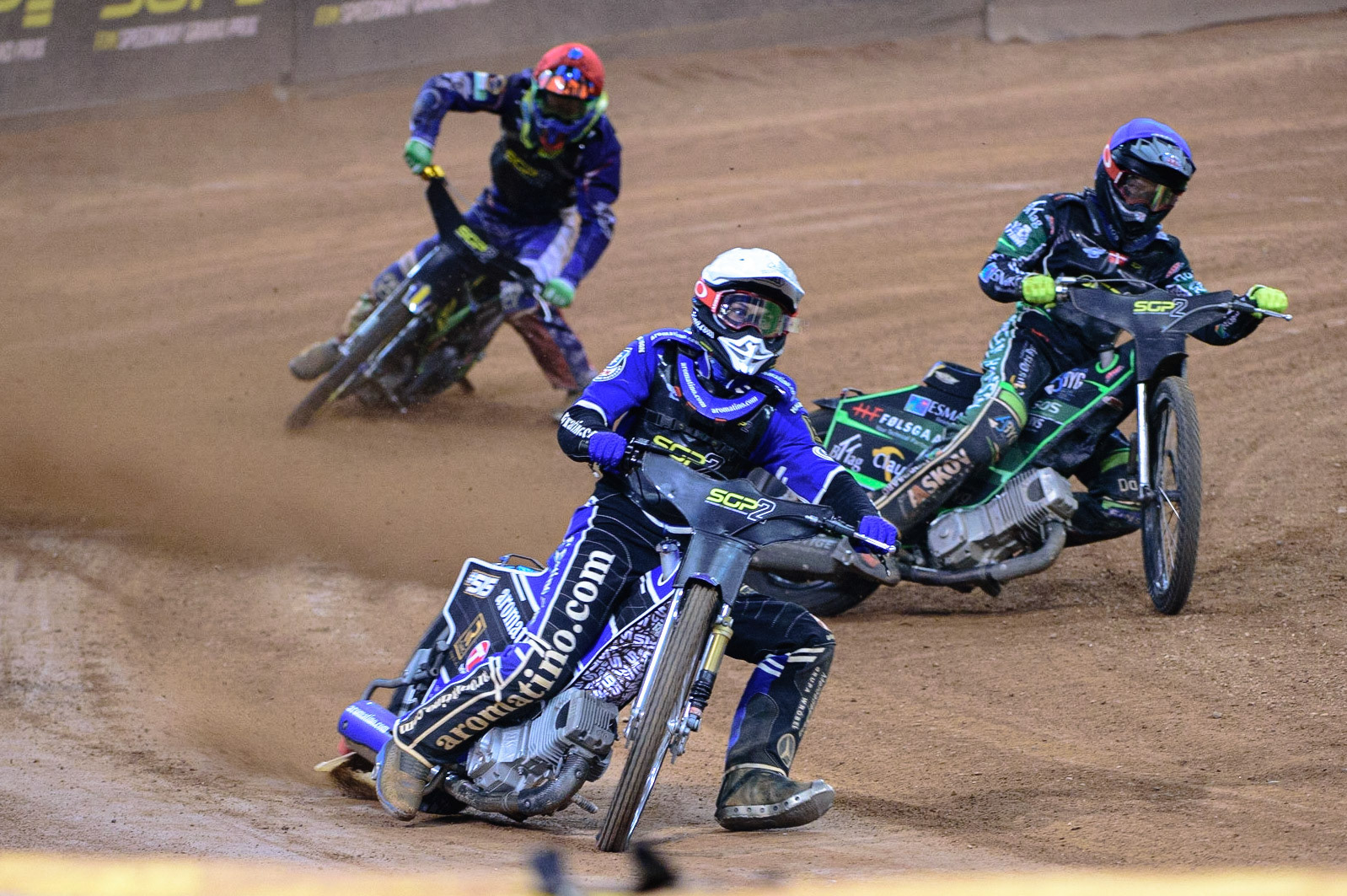 Jakub Miskowiak (Poland) (White) rears uncontrollably with Jonas Knudsen (Denmark)  (Blue) and Daniel Klima (Czech Republic) (Red) behind during the FIM  Speedway Grand Prix  2 of Great Britain at the Principality Stadium, Cardiff on Sunday 14th August 2022. (Credit: Ian Charles | MI News)