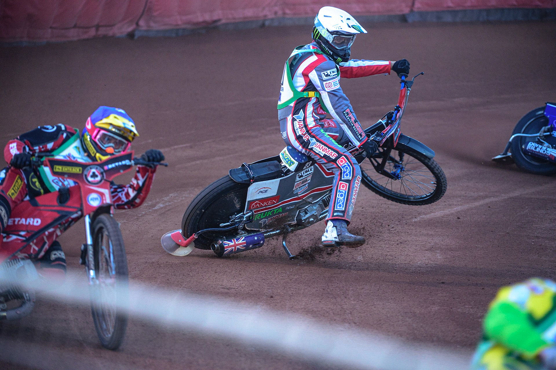 Chris Holder (Australia) (White) starts to spin in front of Max Fricke (Australia) (Red) during the FIM Speedway Grand Prix Challenge at the Peugeot Ashfield Stadium, Glasgow on Saturday 20th August 2022. (Credit: Ian Charles | MI News)