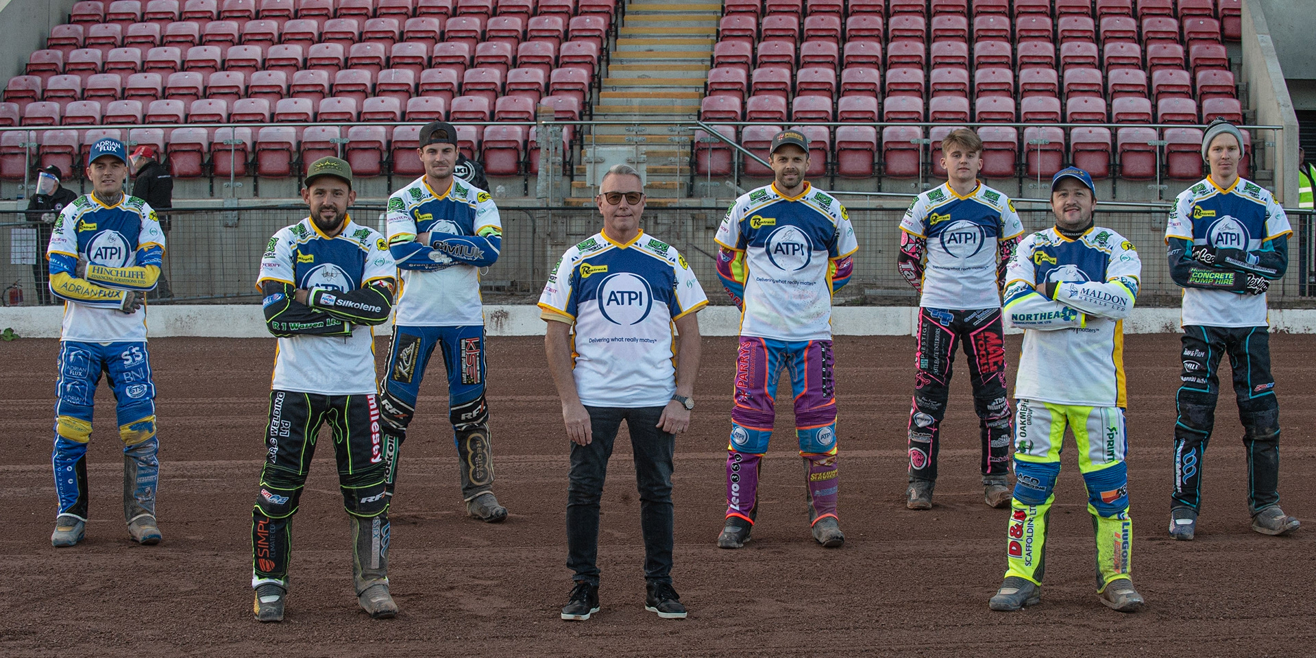 Photo: Ian CharlesThe ATPI All-Stars Team(l-r) Lewis Kerr, Danny King, Richie Worrall Alun Rossiter (Manager), Rory Schlein Leon Flint, Chris Harris Josh MacDonaldBelle Vue ‘Bikerite ’Aces v ‘ATPI’ All Stars, Premiership Challenge, National Speedway Stadium, Manchester Thursday  24  September  2020