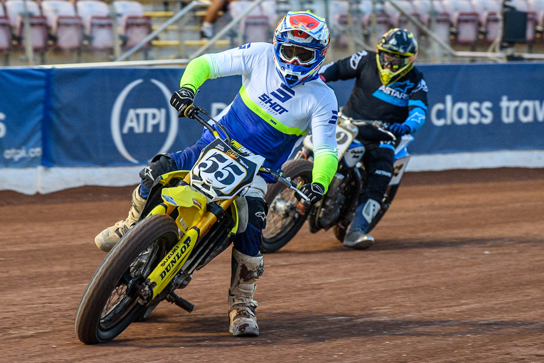 George Sturgess (55) leads Luke Porter (82) during the Sports Insure Premiership match between Belle Vue Aces and Wolverhampton Wolves at the National Speedway Stadium, Manchester on Monday 3rd July 2023. (Photo: Ian Charles | MI News)