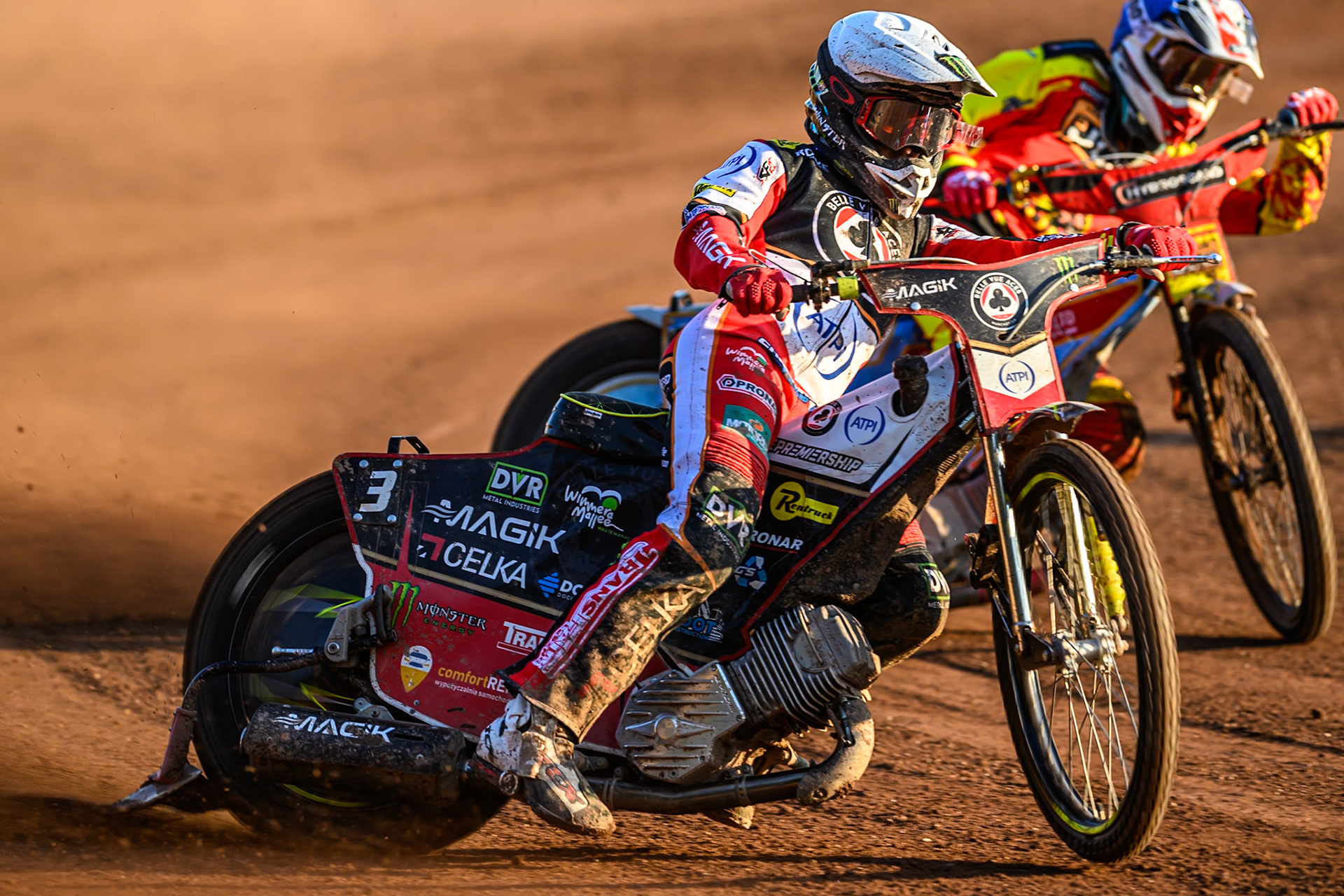 Belle Vue Aces' Jaimon Lidsey in White leading Leicester Lions' Drew Kemp in Blue during the Rowe Motor Oil Premiership match between Leicester Lions and Belle Vue Aces at the Hydroscand Arena, Leicester on Thursday 19th June 2025. (Photo: Ian Charles | MI News)