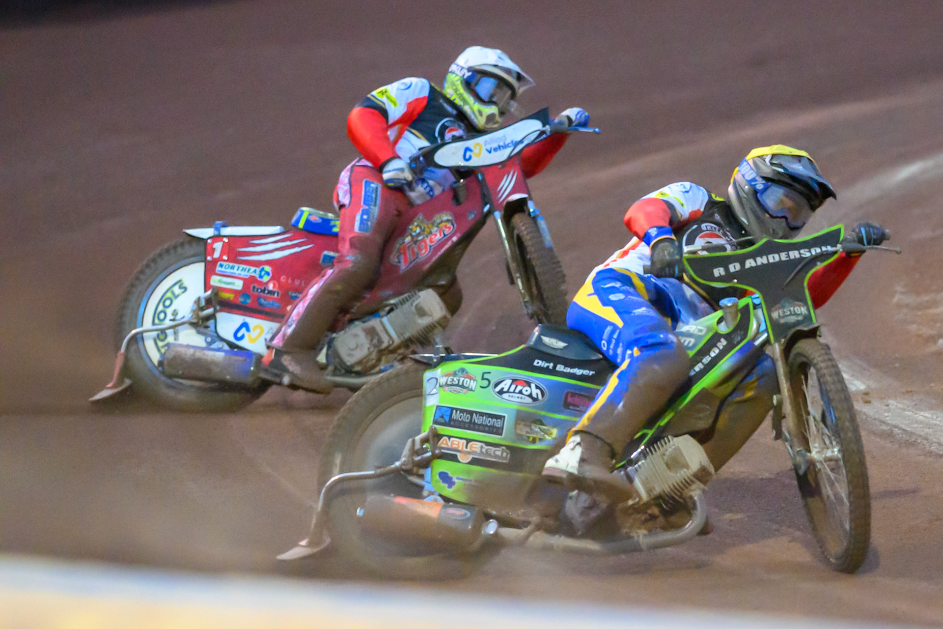 Kye Thomson, Guest Rider for Belle Vue Aces  in Yellow leading Chris Harris Guest Rider for Belle Vue Aces in White during the Knockout Cup Northern Section match between Sheffield Tigers and Belle Vue Aces at Owlerton Stadium, Sheffield on Thursday 2nd April 2026. (Photo: Ian Charles | MI News)