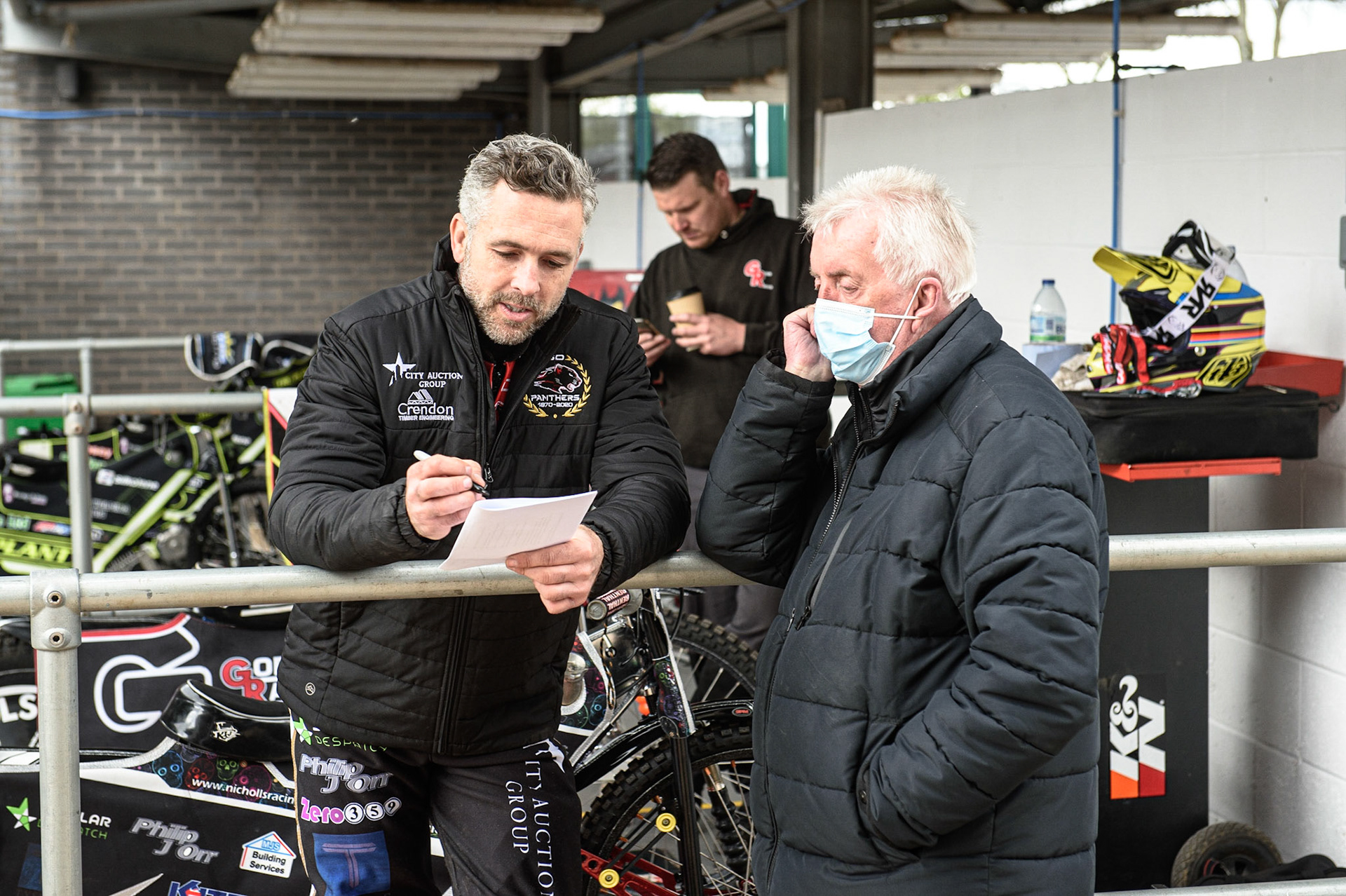Photo: Ian CharlesScott Nichols (l) chats with Wolverhampton Manager Peter Adams (r)Discovery Networks Eurosport Speedway Season Launch, National Speedway Stadium, Manchester Wednesday  12  May  2021
