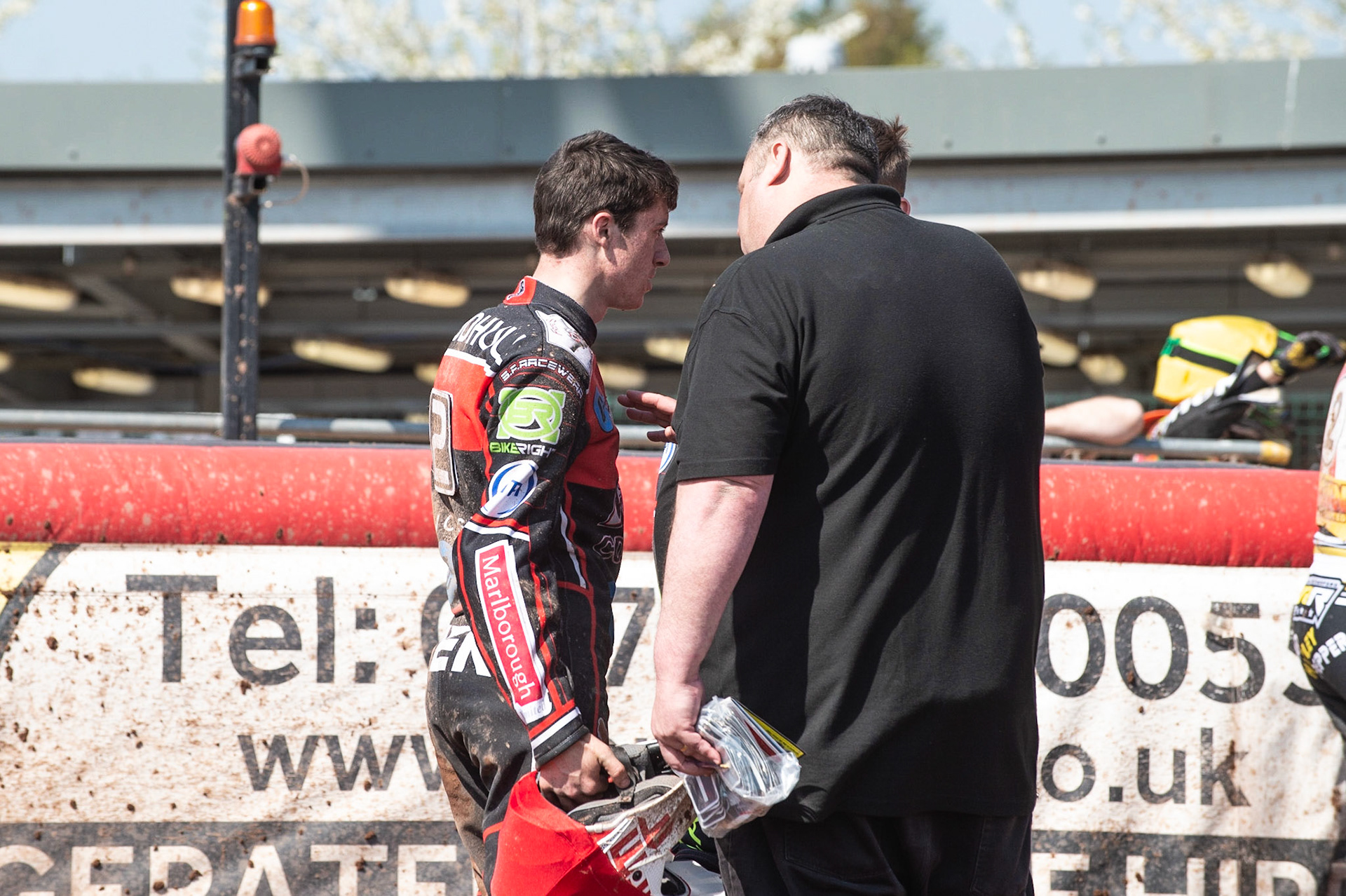 Photo: Ian Charles

Belle Vue Colts manager Steve Williams (right) consoles Ben Woodhull after his fall

Belle Vue Colts v Stoke Potters, National League, Belle Vue National Speedway Stadium, Manchester, Friday 19  April  2019