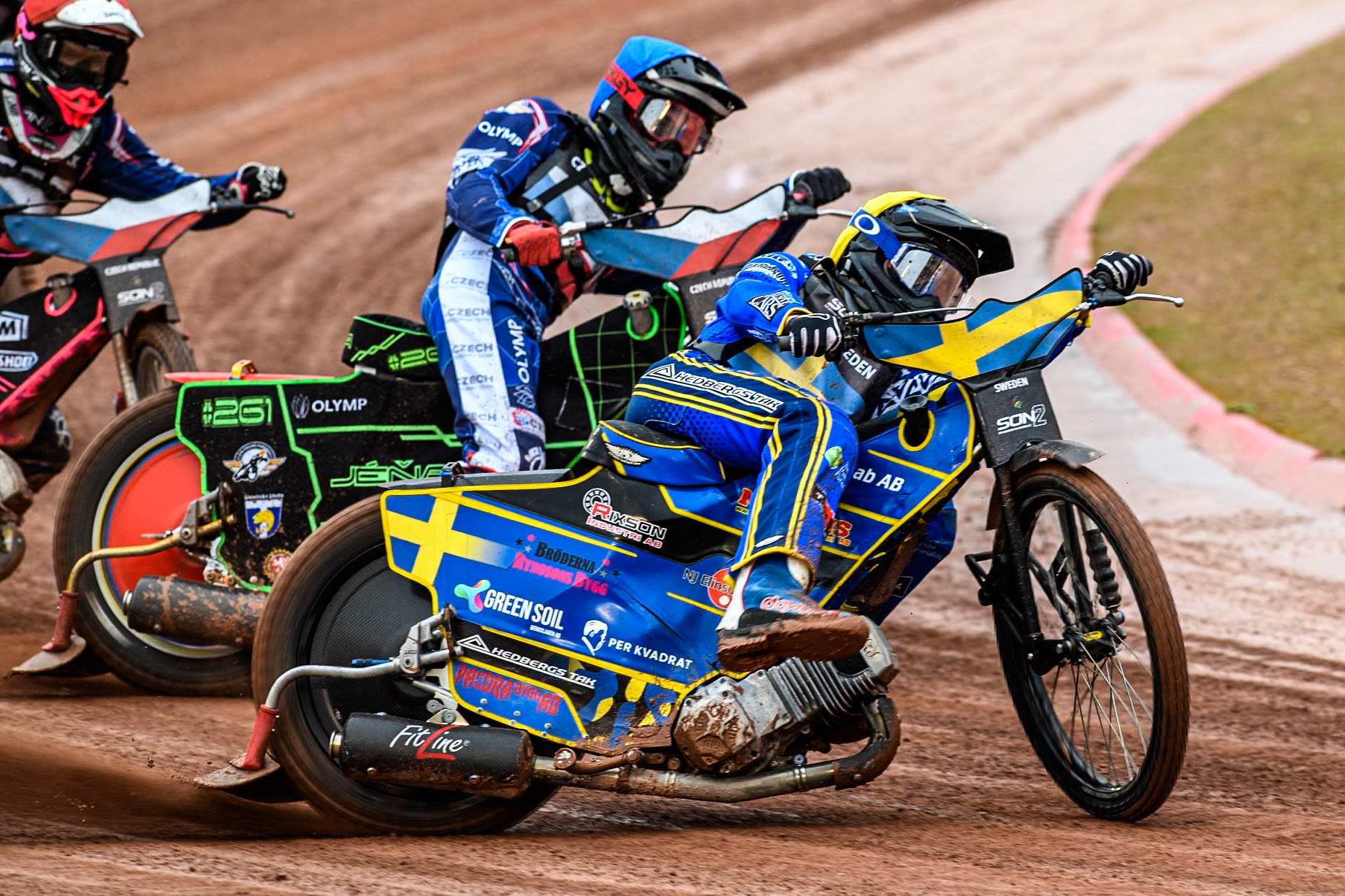 Philip Hellström-Bängs of Sweden in Blue leading Jan Jenicek of Czech Republic in Blue during the Monster Energy FIM Speedway of Nations 2 (Under 21) Final at the National Speedway Stadium, Manchester on Friday 12th July 2024. (Photo: Ian Charles | MI News)
