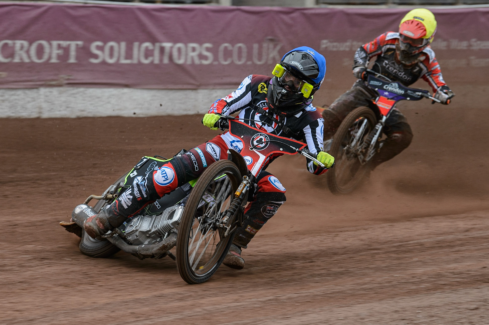 MANCHESTER, UK. MAY 2ND  Tom Brennan  (Blue) leads Jordan Palin  (Yellow) during the SGB Premiership match between Belle Vue Aces and Peterborough at the National Speedway Stadium, Manchester on Monday 2nd May 2022. (Credit: Ian Charles | MI News)