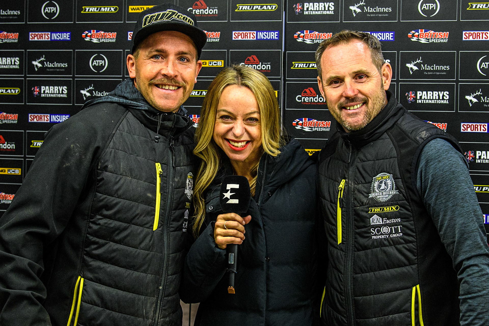 (L to R) Ritchie Hawkins , Abi Stephens and Chris Louis after the Witches progress to the Grand Final during the Sports Insure Premiership Semi Final Playoff 2nd leg match between Belle Vue Aces and Ipswich Witches at the National Speedway Stadium, Manchester on Monday 25th September 2023. (Photo: Ian Charles | MI News)