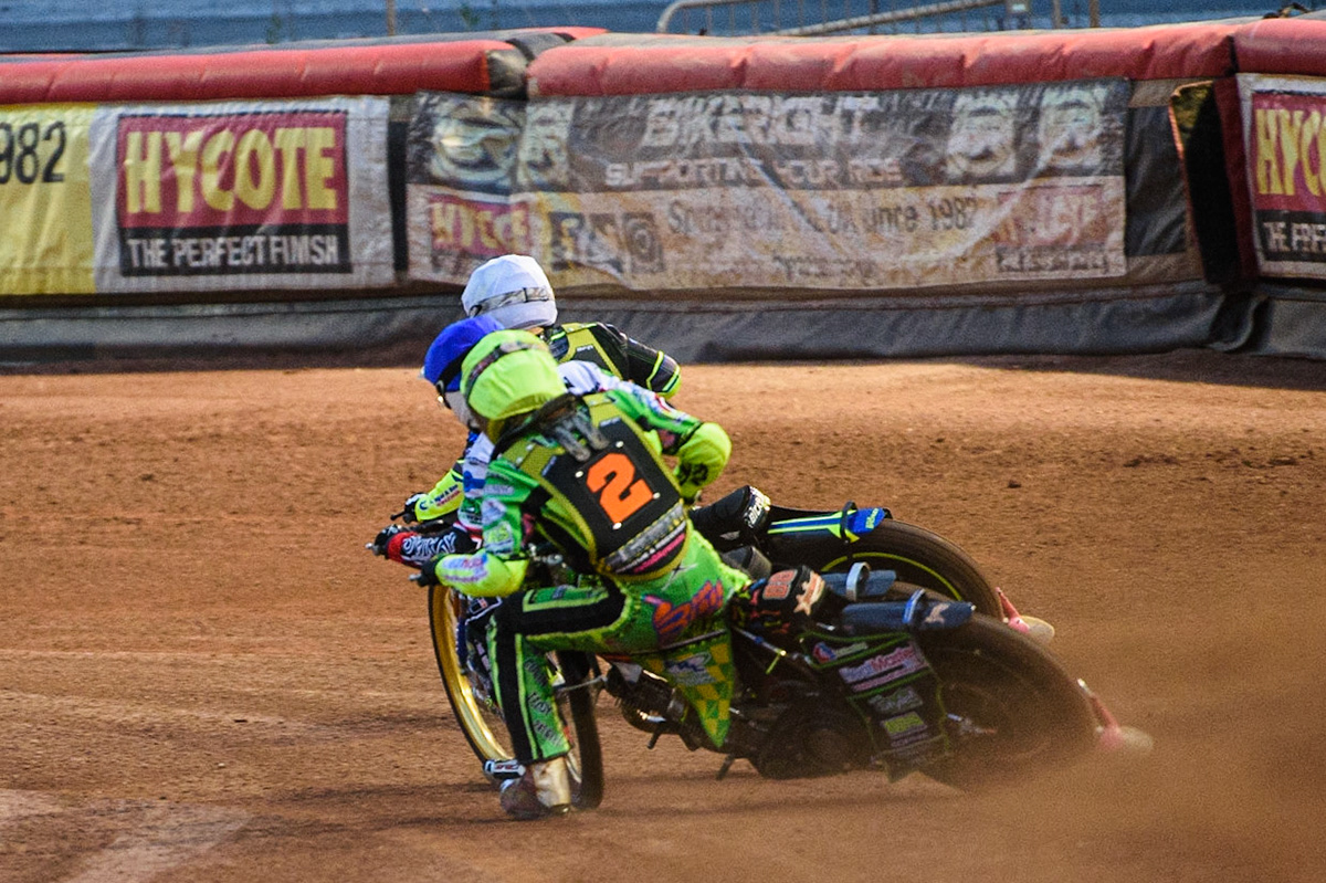 MANCHESTER, SEPT 3RD. Sam Bebee (Yellow) chases Paul Bowen  (Blue) and Kyle Bickley  (White) during the National Development League match between Belle Vue Aces and Mildenhall Fens Tigers at the National Speedway Stadium, Manchester on Friday 3rd September 2021. (Credit: Ian Charles | MI News)