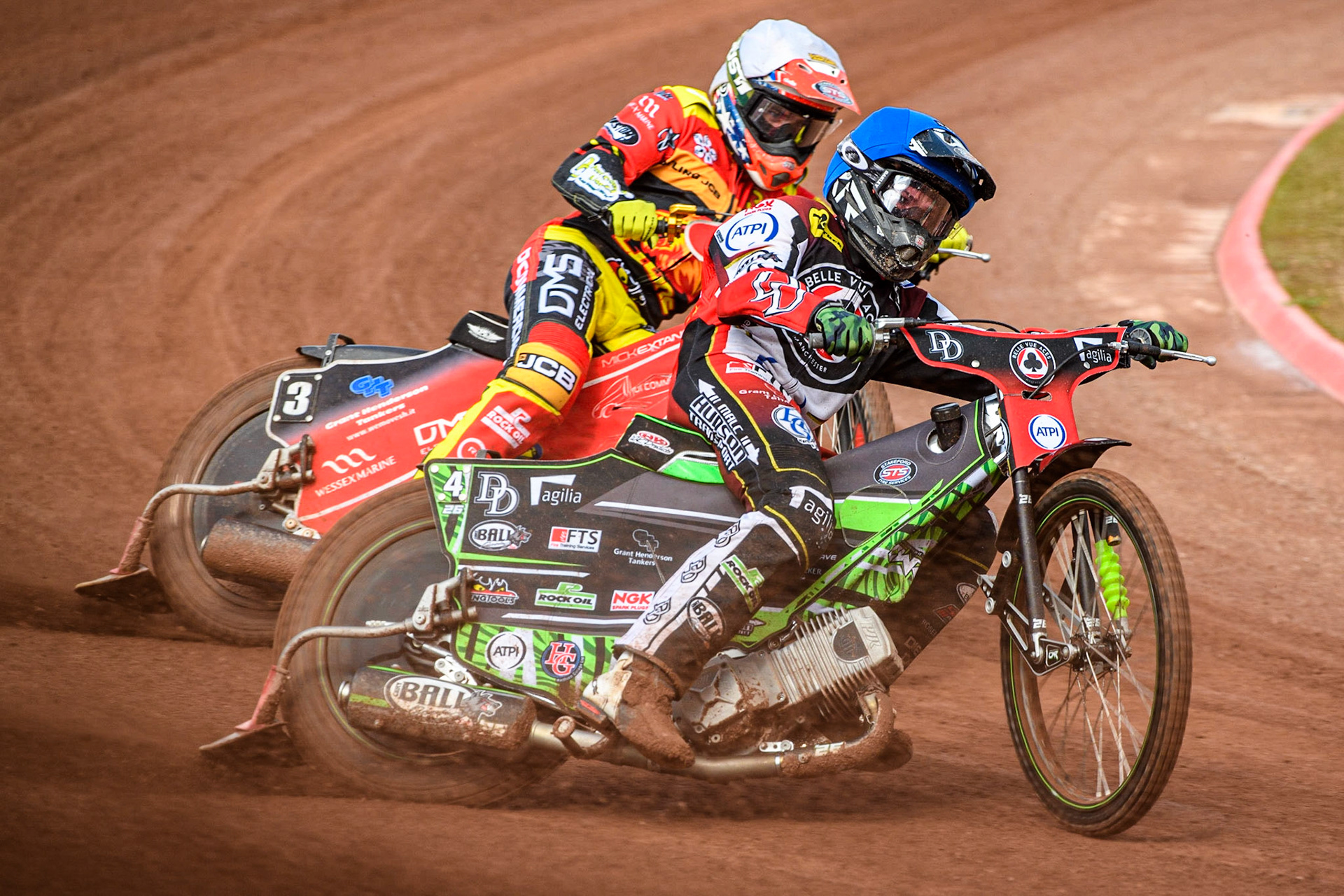 Charles Wright (Blue) leads  Richie Worrall (White) during the Sports Insure Premiership match between Belle Vue Aces and Leicester Lions at the National Speedway Stadium, Manchester on Monday 28th August 2023. (Photo: Ian Charles | MI News)