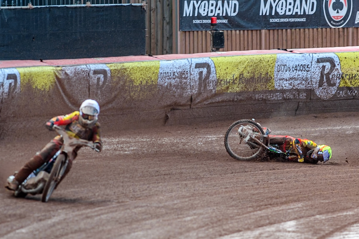 Leicester Lion Cubs' Vinnie Foord is a faller during the WSRA  National Development League match between Belle Vue Colts and Leicester Lion Cubs at the National Speedway Stadium, Manchester on Friday 29th March 2024. (Photo: Ian Charles | MI News)