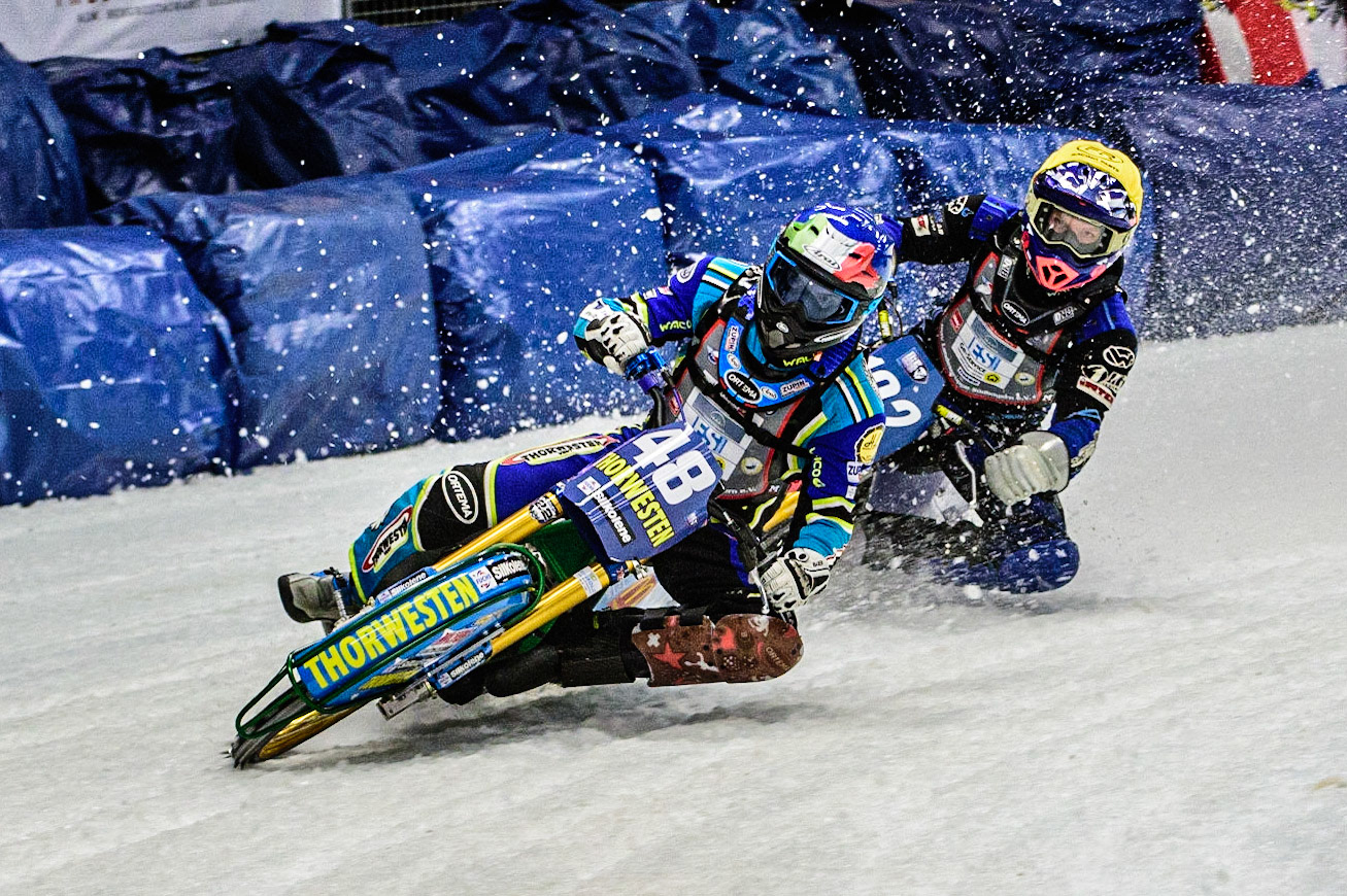 Luca Bauer (48) (Red) leads Niclas Svensson (192) (Yellow) during the Ice Speedway Gladiators World Championship Final 1 at Max-Aicher-Arena, Inzell, Germany on Saturday 18th March 2023. (Photo: Ian Charles | MI News)